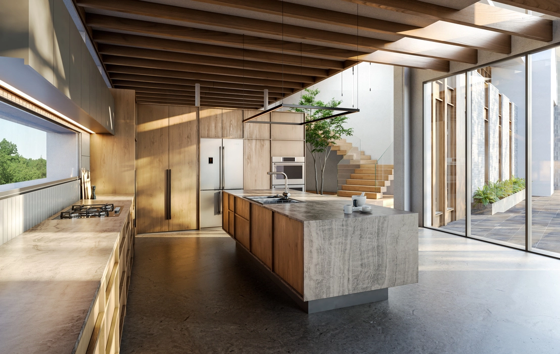 3d interior lighting rendering of a modern kitchen with wooden cabinetry, stone countertops, natural daylight, and sleek architectural details.