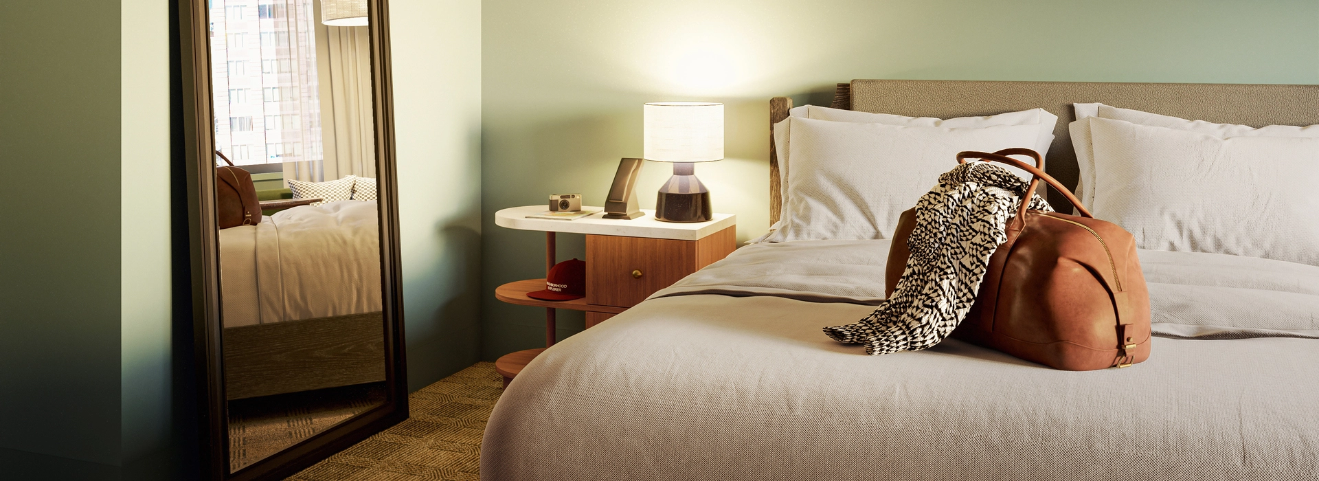 3d interior lighting rendering of a cozy bedroom with warm bedside lamps, soft green walls, white bedding, and a leather travel bag on the bed.