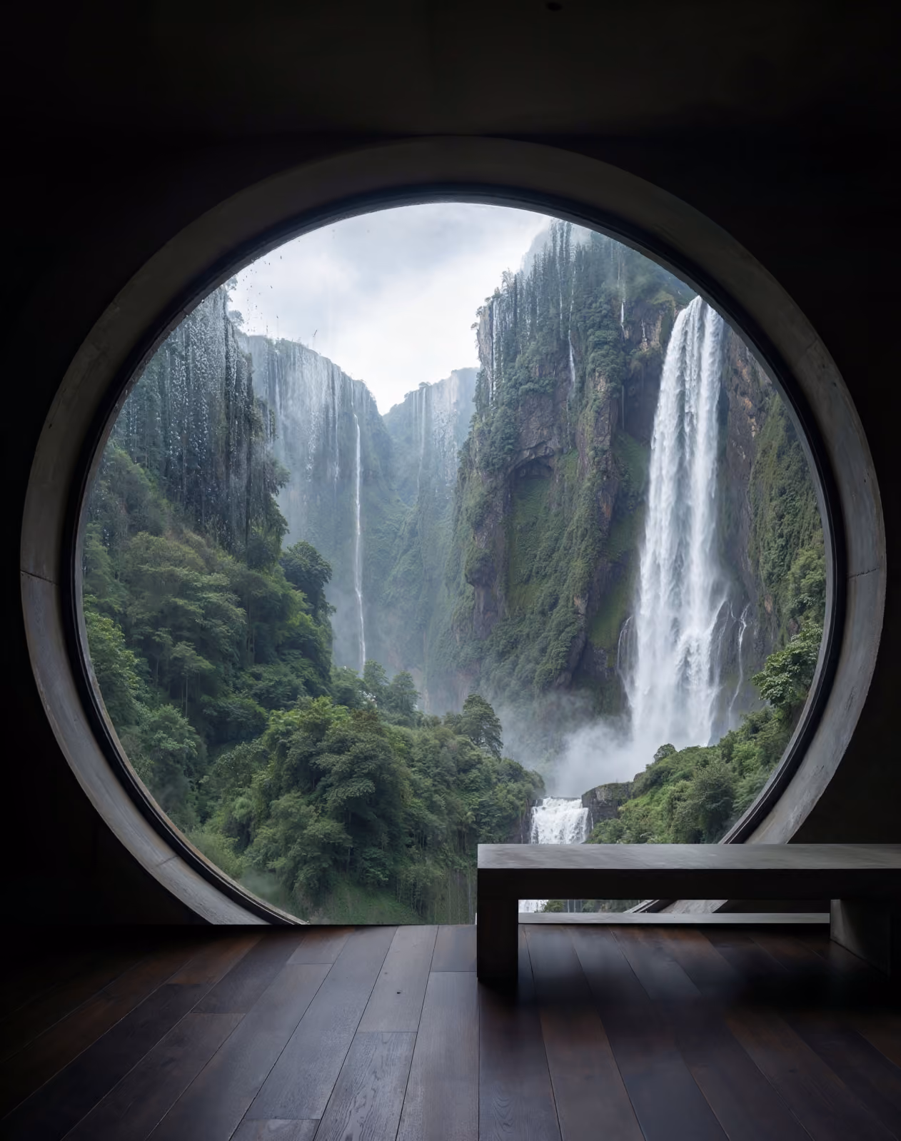 View of lush green mountains with tall waterfalls seen through a large circular window with a bench.
