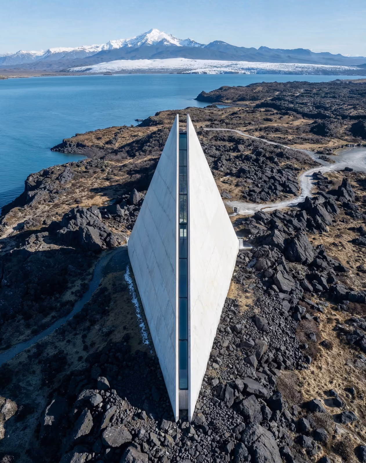Narrow, tall concrete building on rocky terrain near a lake with snow-capped mountains in the background.
