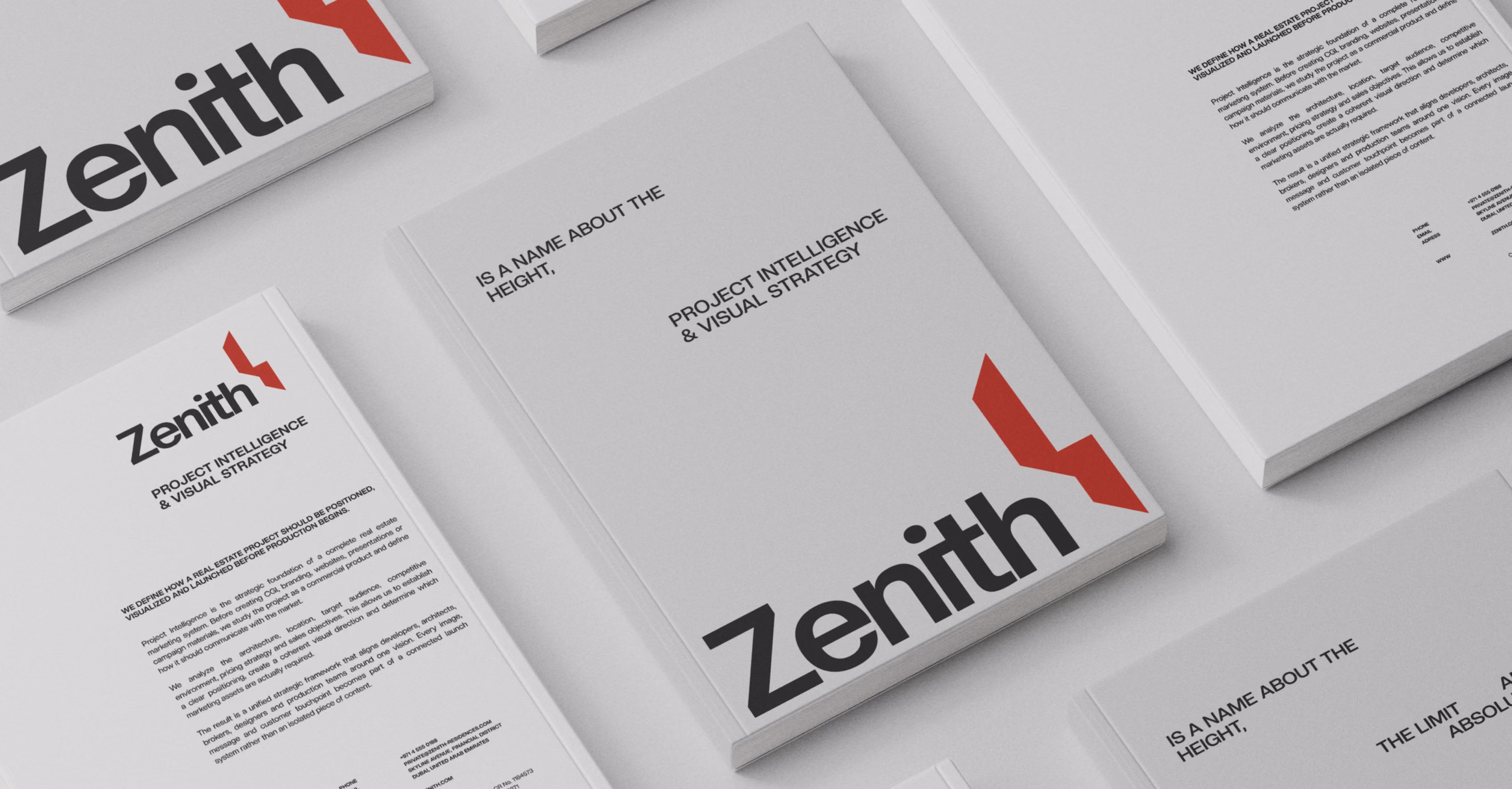 Multiple white brochures with black text and red logo titled Zenith, focusing on project intelligence and visual strategy.