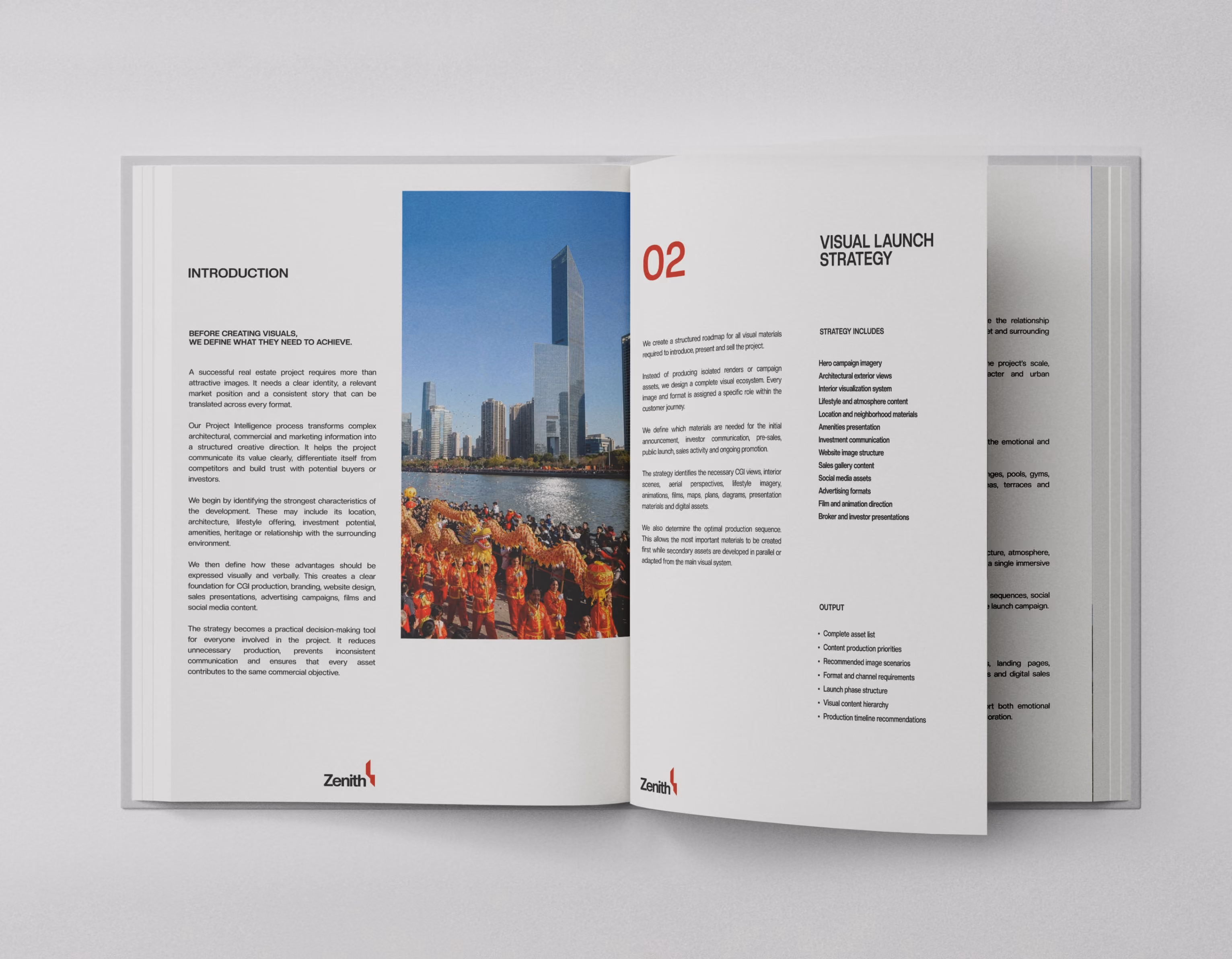 Open book showing text on strategy and introduction with a photo of a cityscape and people in red costumes.