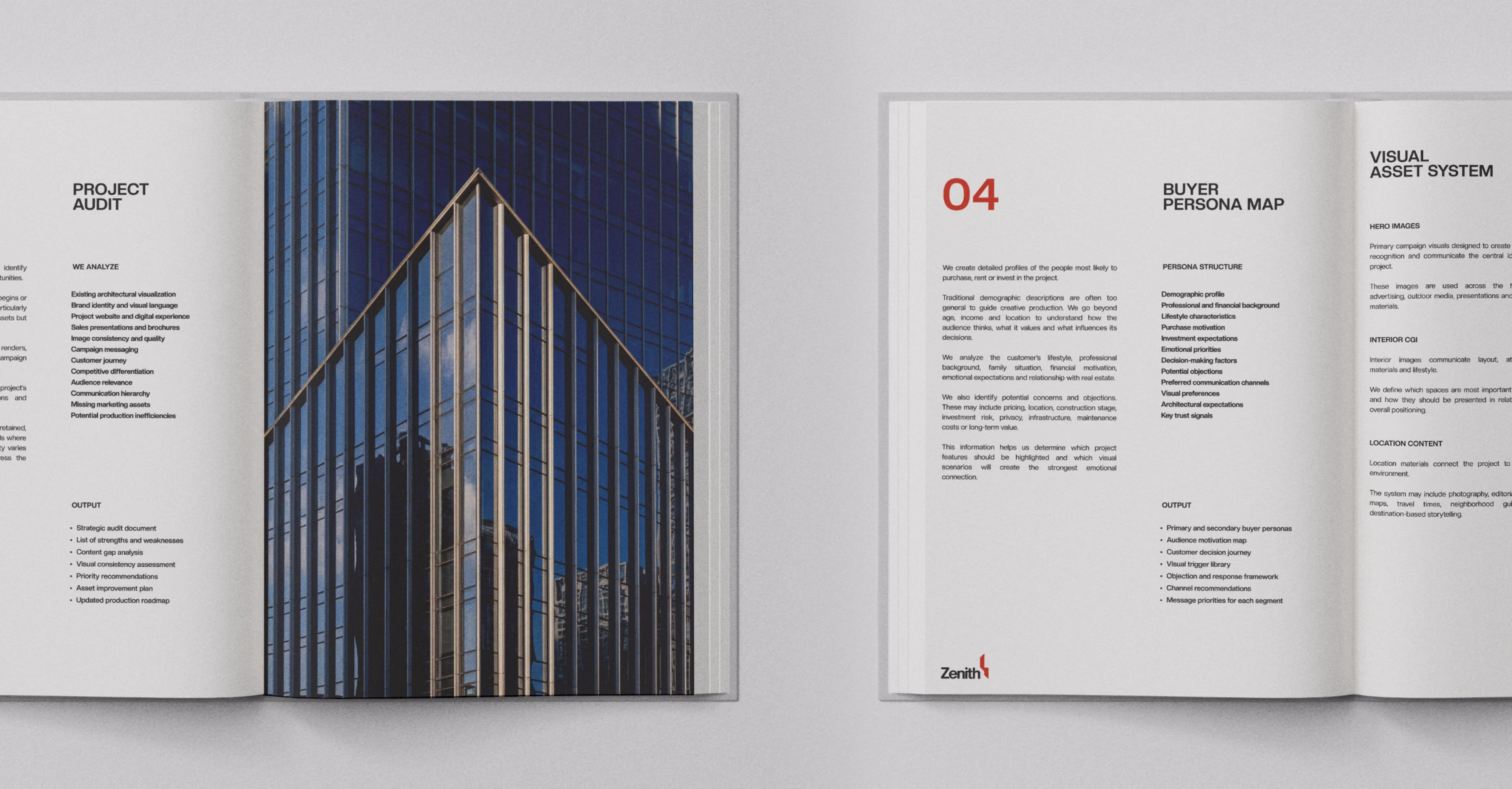 Open booklet with pages on project audit, buyer persona map, and visual asset system including a building photo.