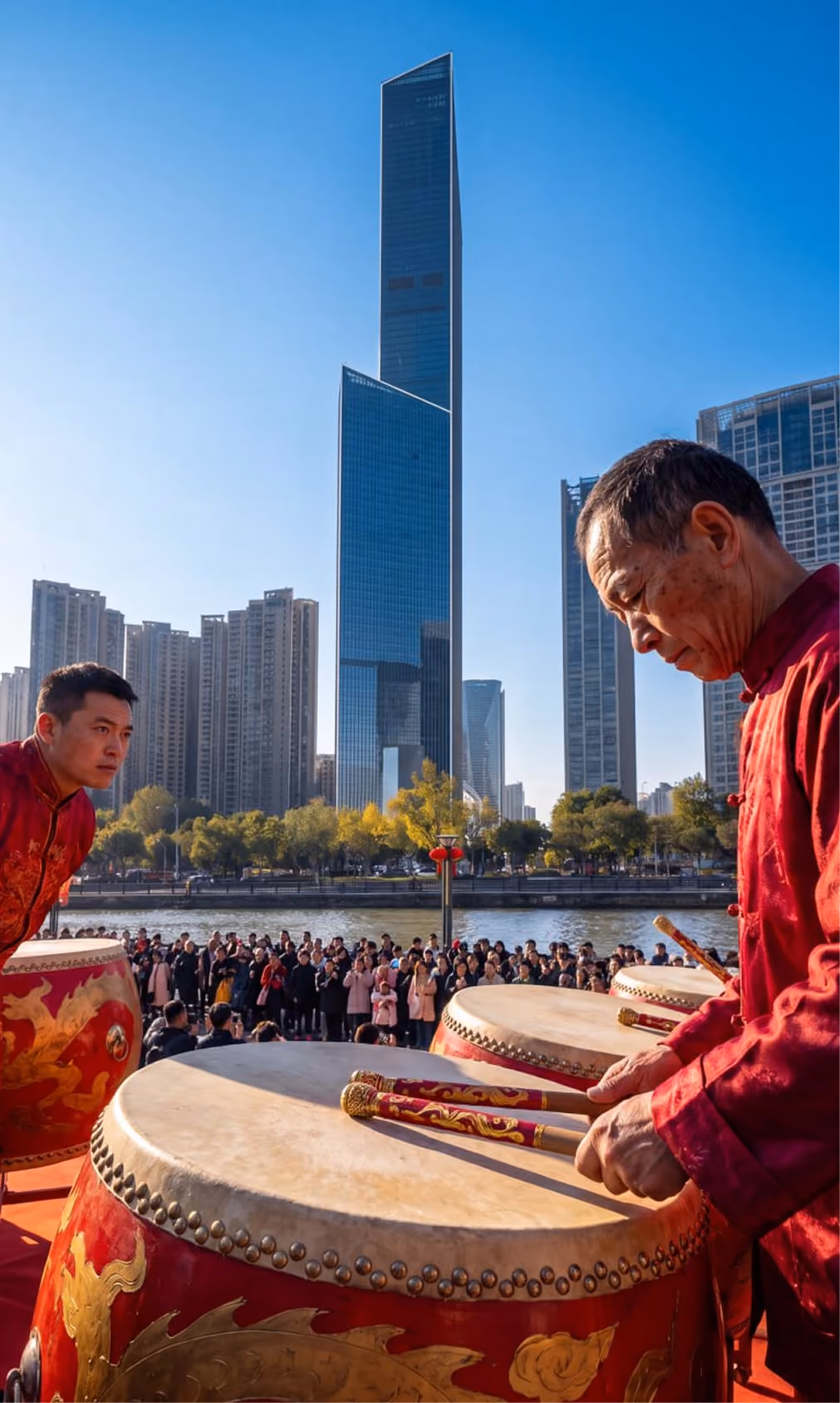 Two men in red traditional outfits playing large red decorated drums outdoors with city skyline and crowd behind.