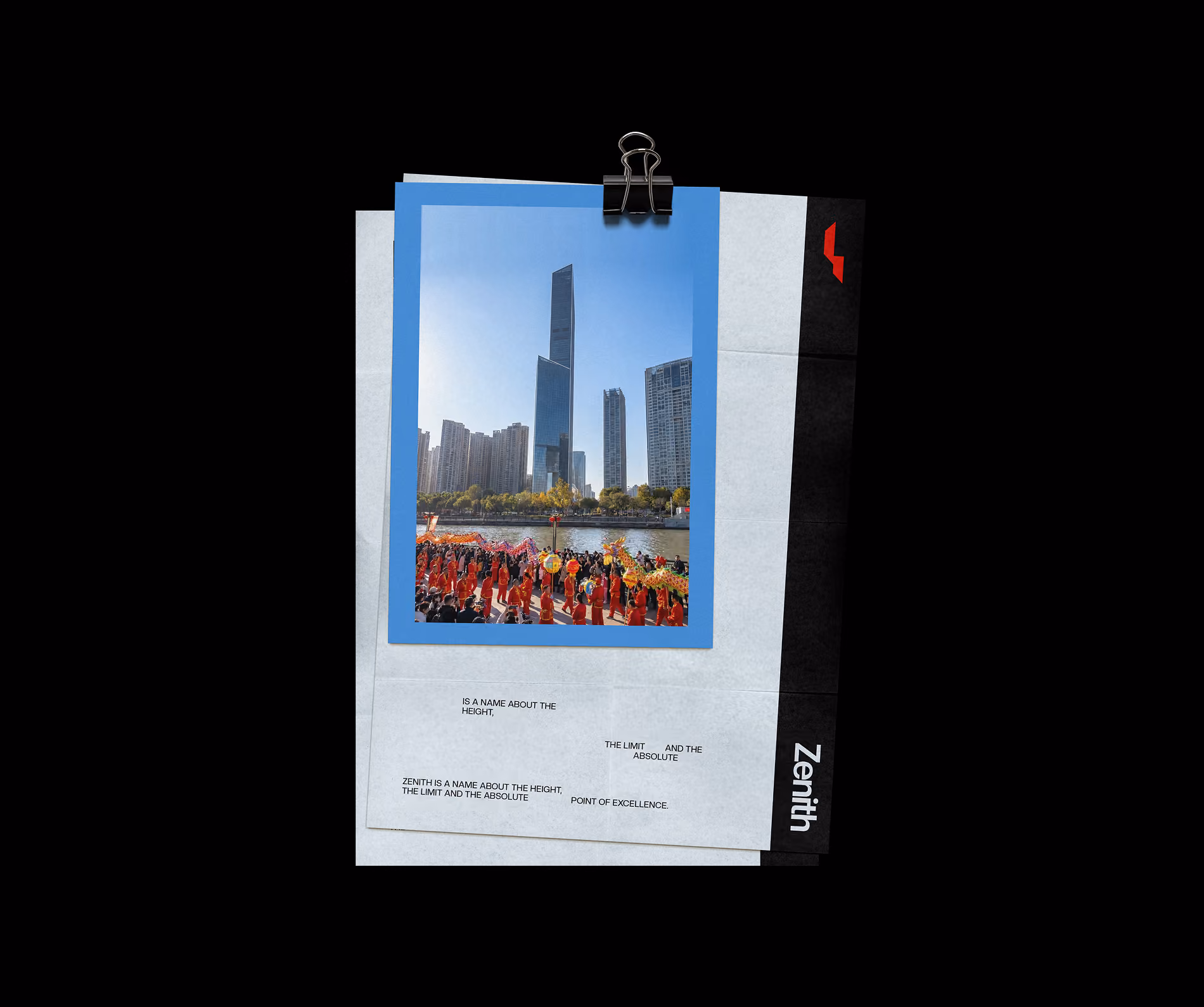 Photo of modern skyscrapers with a riverfront dragon dance festival in red costumes below.