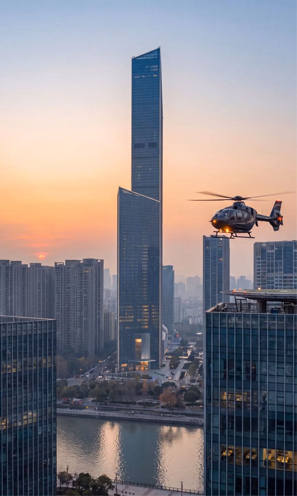 Helicopter flying near tall skyscrapers over a river at sunset in a modern cityscape.