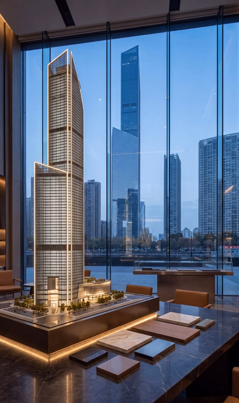 Architectural model of a modern skyscraper inside a glass-walled room with city skyline in background.