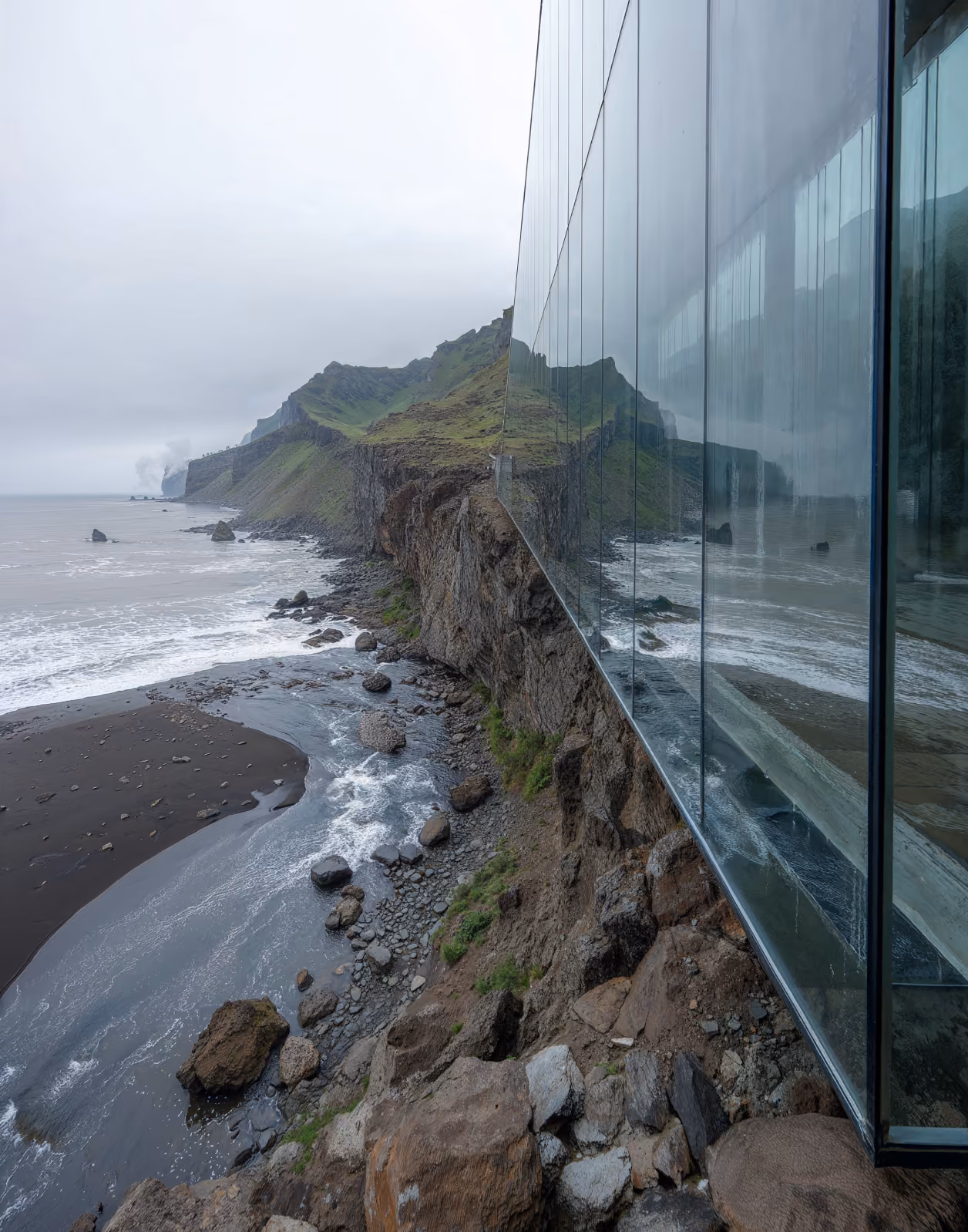 Cliffside glass building reflecting rocky coastline with ocean waves and a distant volcanic plume.