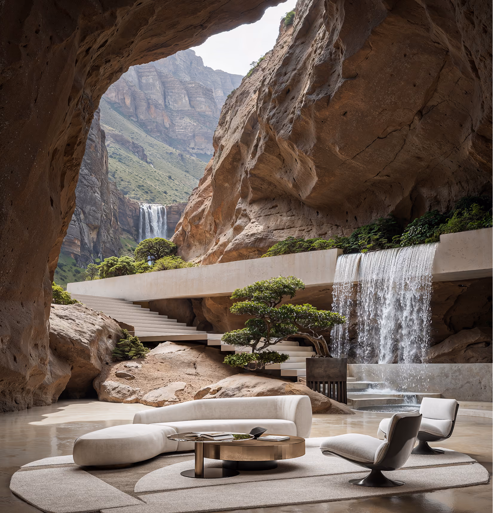 Modern indoor lounge with curved sofa, chairs, waterfall, and rocky cave opening to mountains
