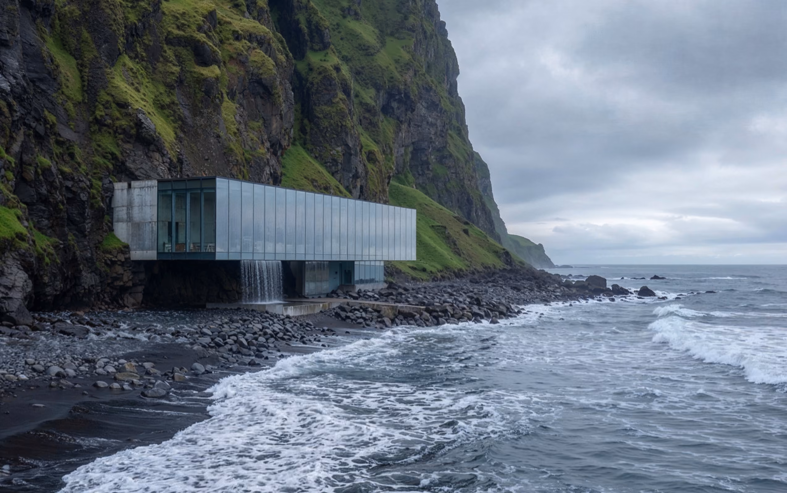 Modern glass building on rocky shore with waterfall, green cliffs, and ocean waves under cloudy sky.