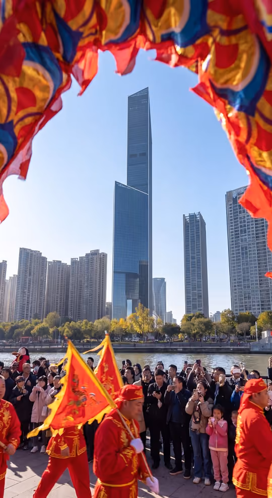 Parade with people in red traditional dress holding flags, city skyline and river in background.