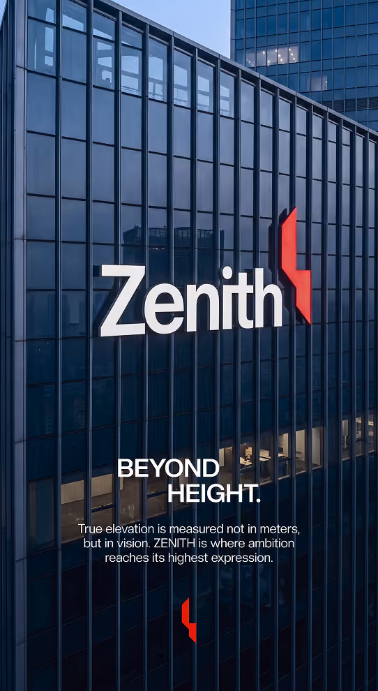 Zenith company name and logo on glass building facade with slogan Beyond Height and vision message.