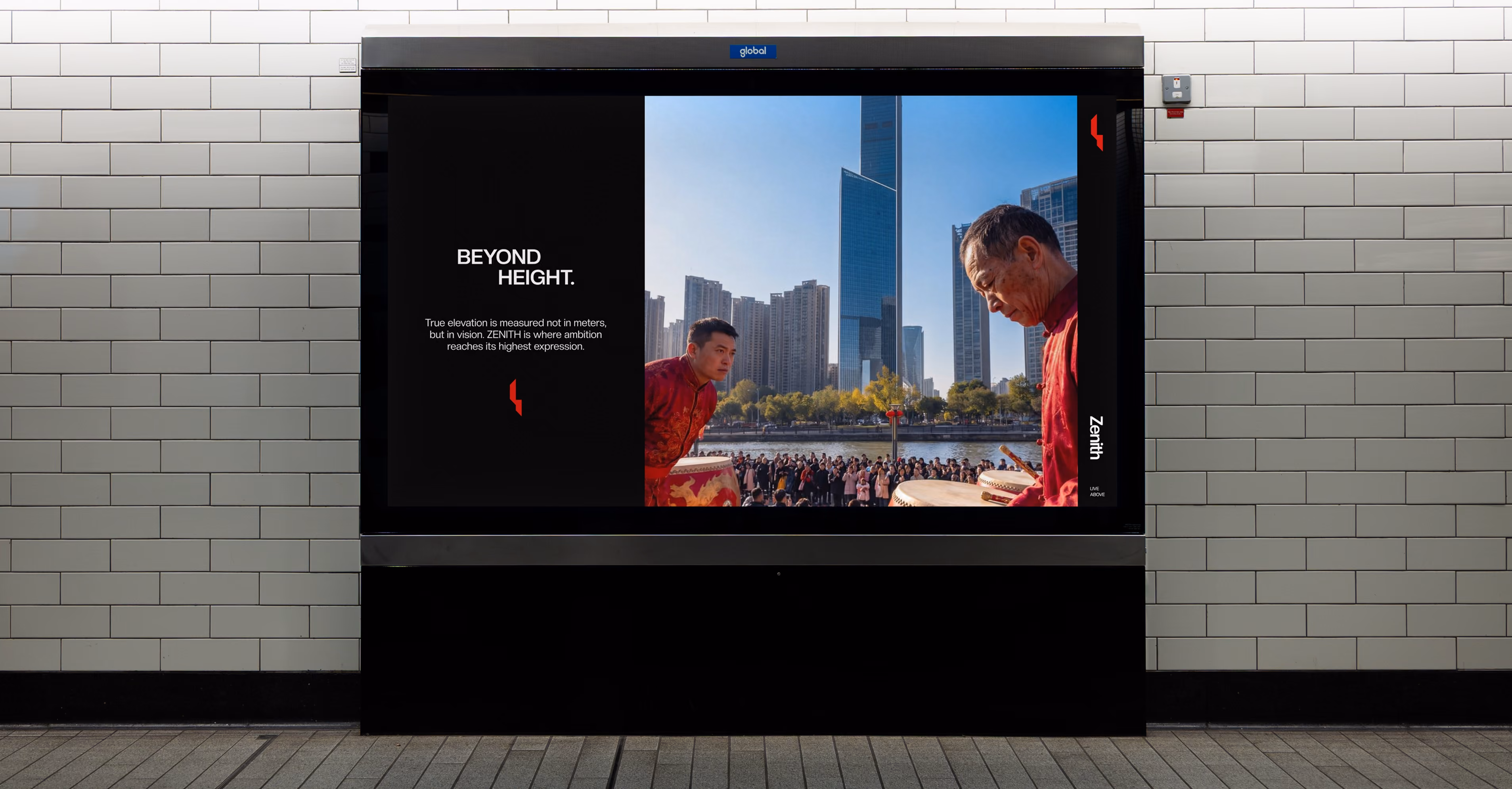 Subway digital billboard showing Zenith ad with two men playing drums against city skyline backdrop.