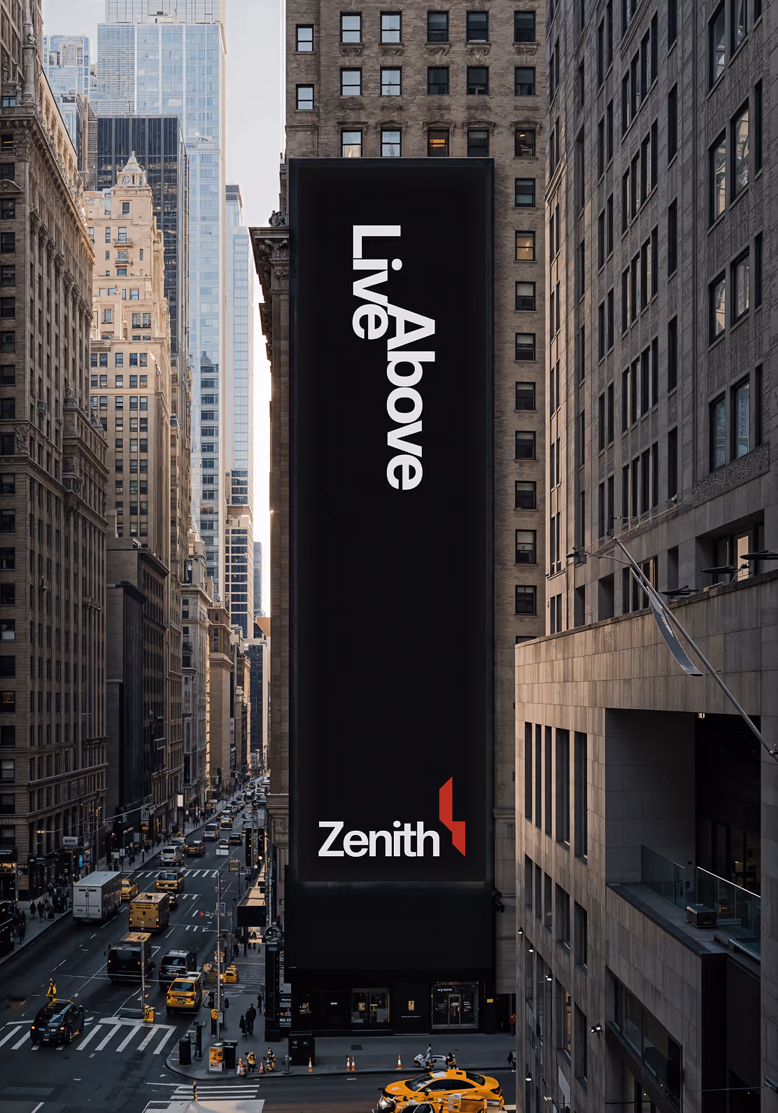 Urban street scene with tall buildings and a large vertical sign saying 'Live Above Zenith' in white and red.