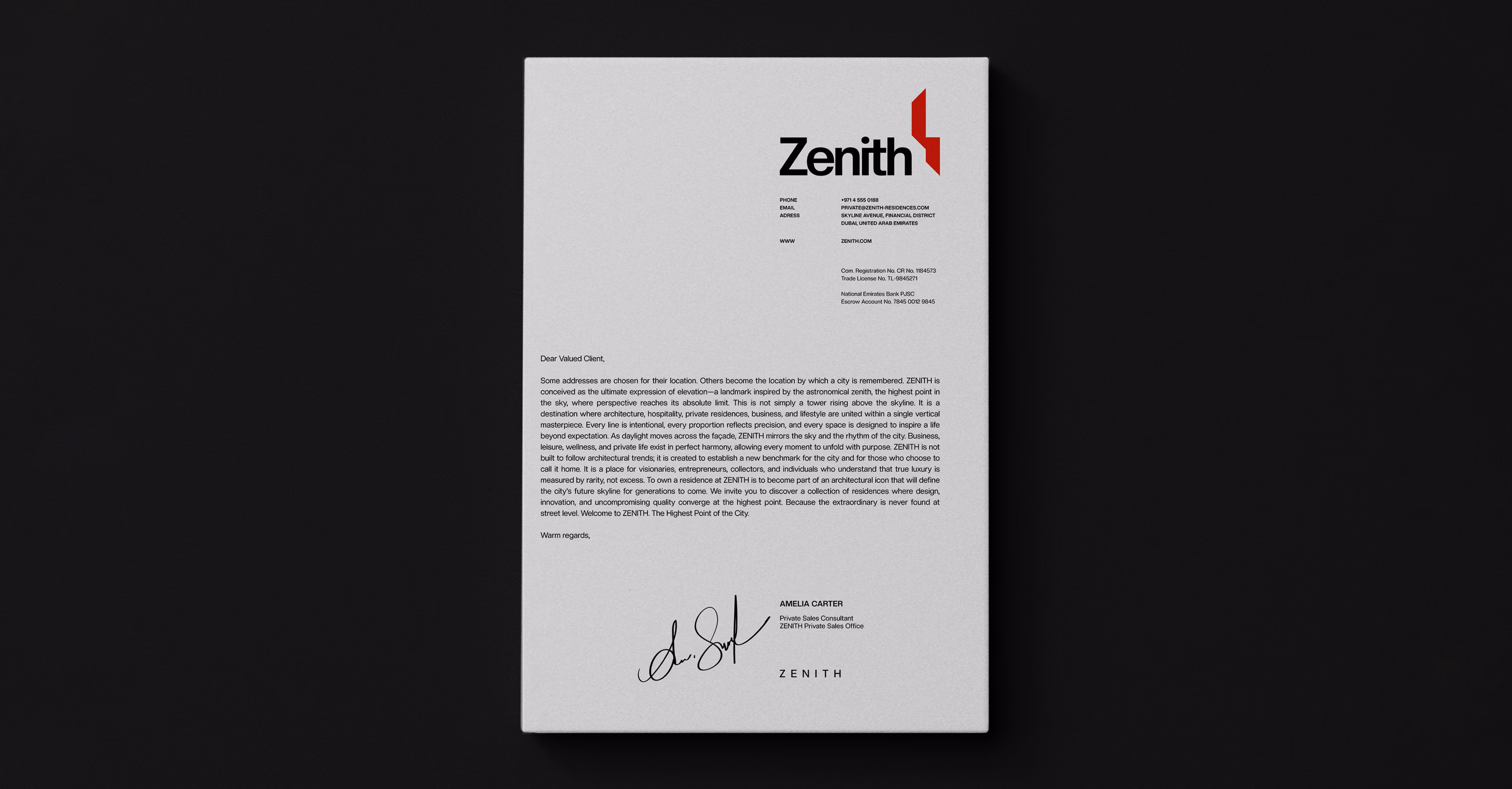 Letter from Zenith with logo, contact info, message about luxury residences, and a signature at the bottom.