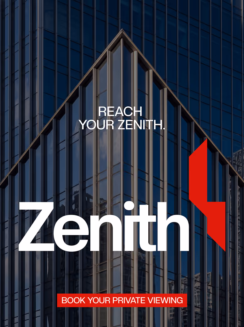 Modern glass building with text 'Reach Your Zenith' and a red call-to-action button.