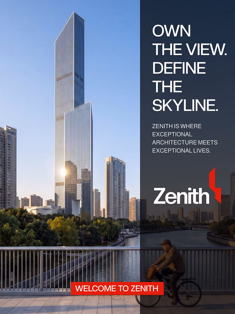 Modern high-rise building reflecting sunlight with a cyclist on a riverside bridge and city skyline in background.