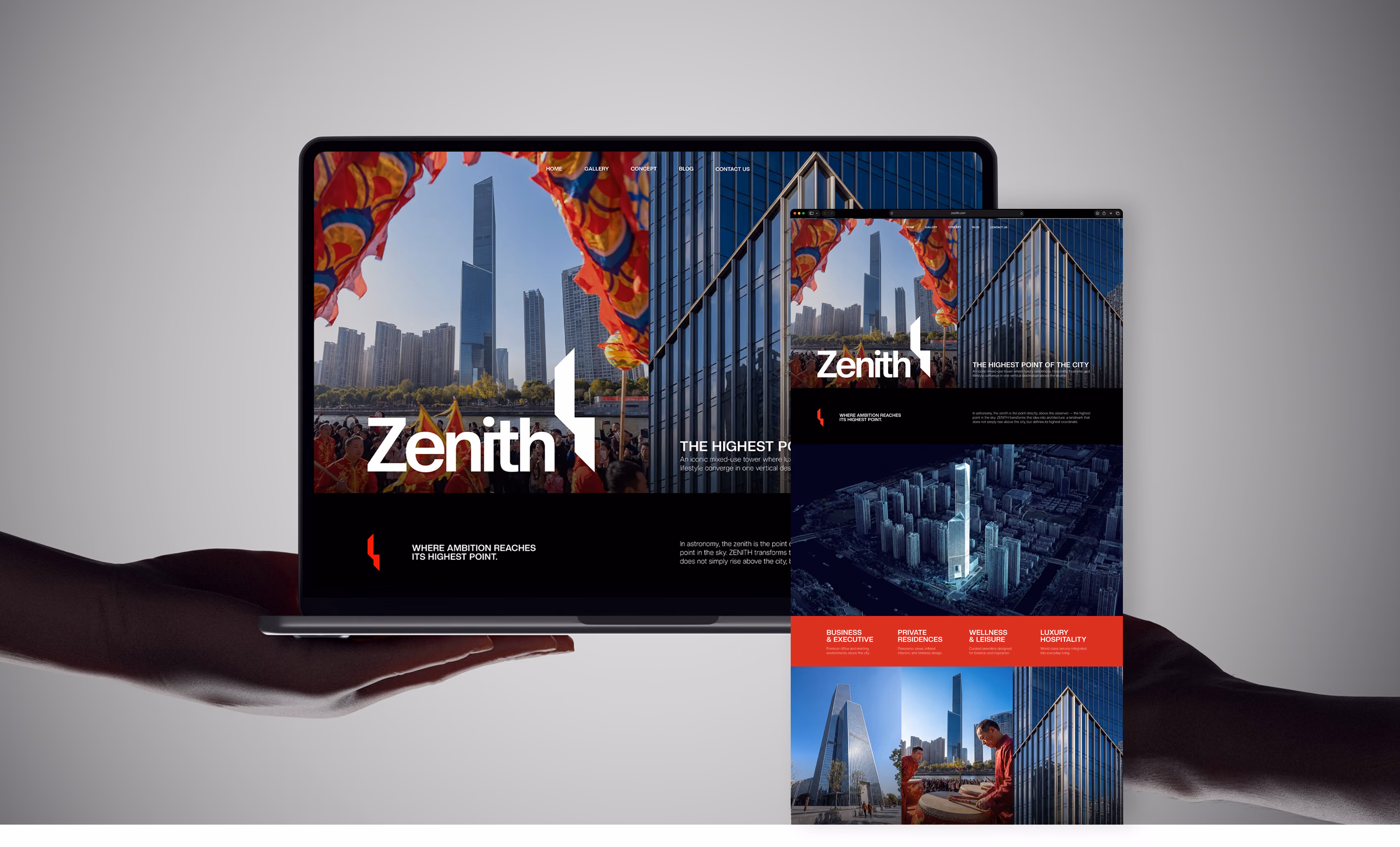 Hands holding a laptop displaying a city skyline and modern glass building with 'Zenith' branding.