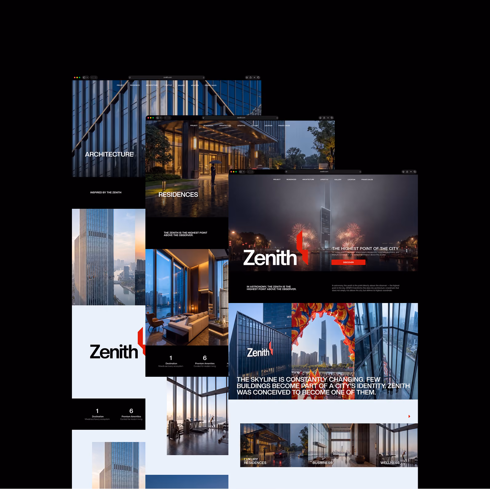 Collage of modern skyscraper Zenith with interiors and nighttime city views highlighting luxury residences.