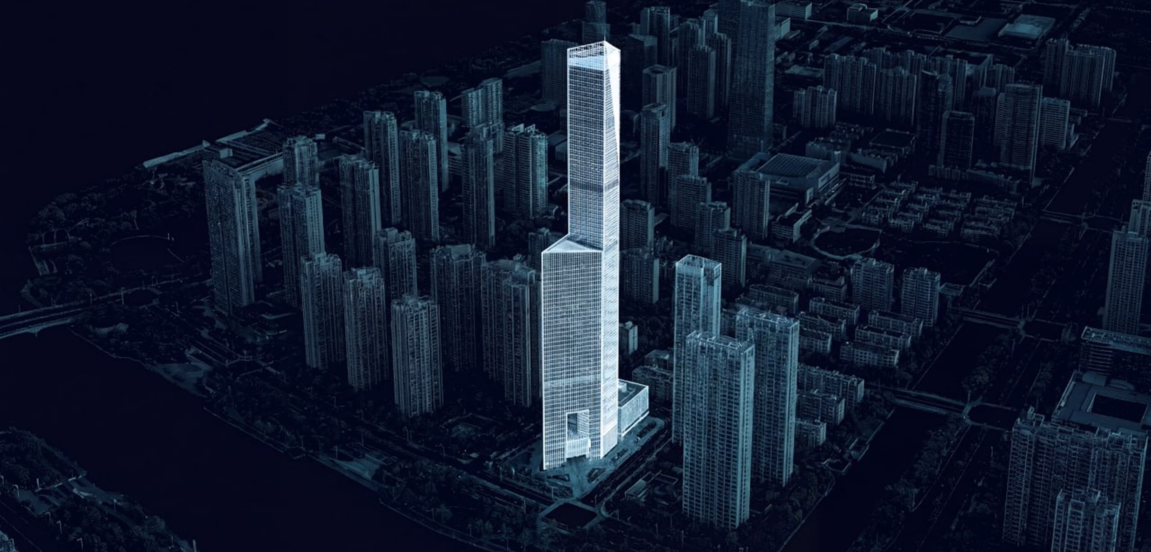 Digital wireframe of a tall skyscraper highlighted amid other high-rise buildings in a cityscape at night.