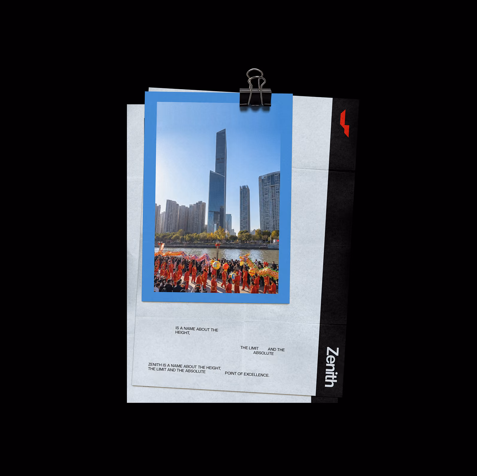 Skyscraper with a dragon dance parade in red costumes by a river under a clear blue sky.