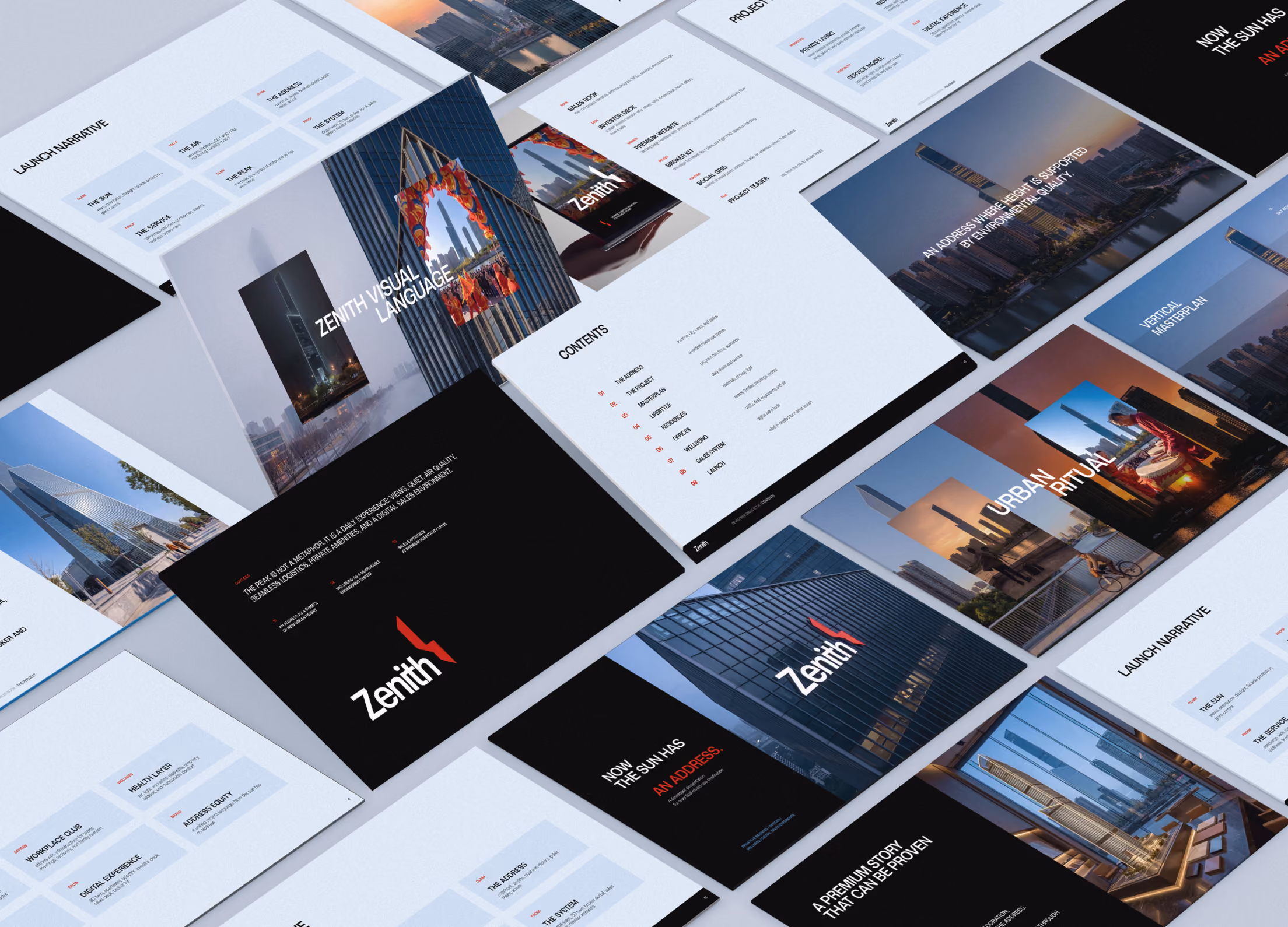 Spread of business presentation slides featuring urban architecture and the brand Zenith.