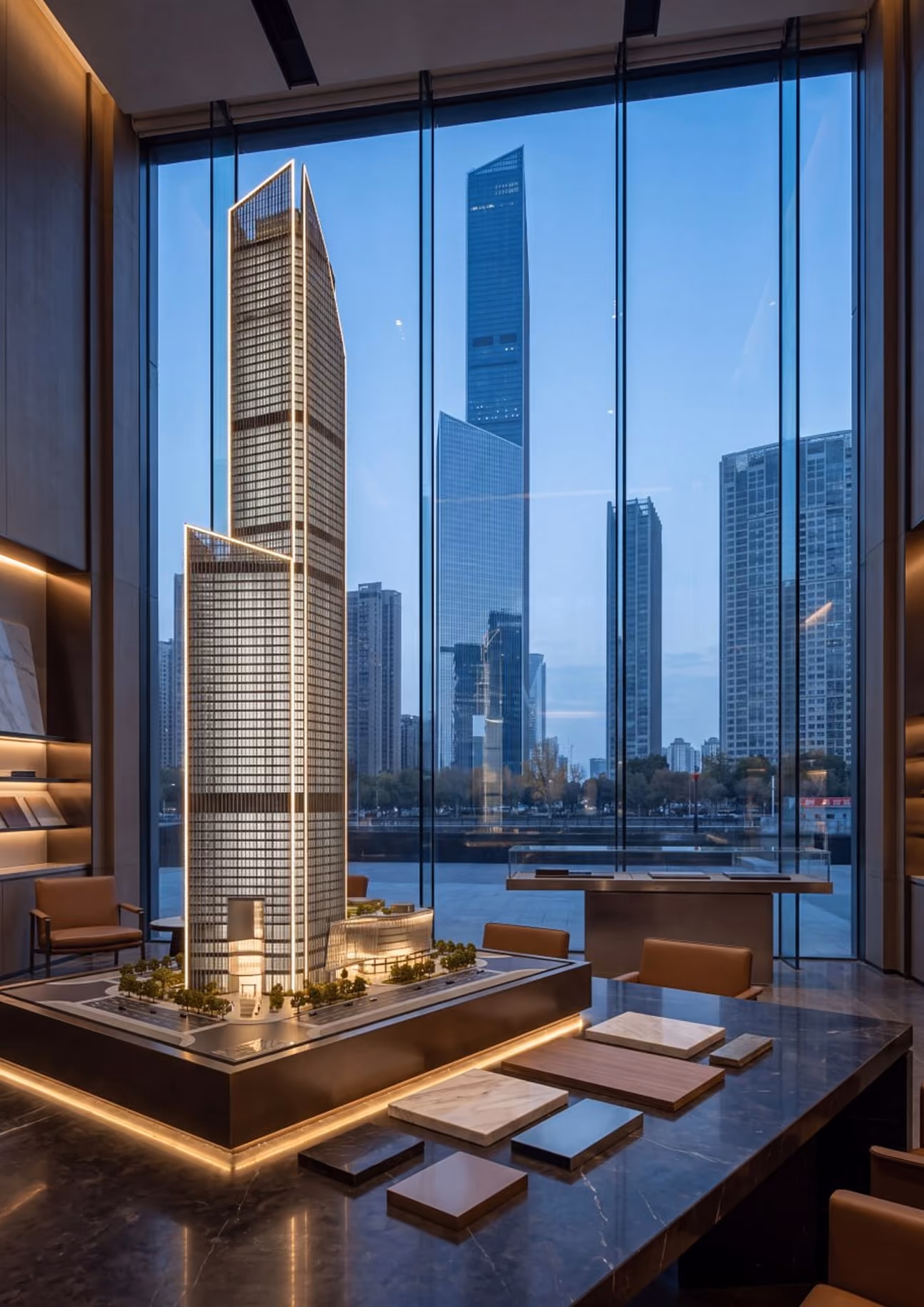 Architectural model of a modern skyscraper in an office with tall glass windows showing city skyline.