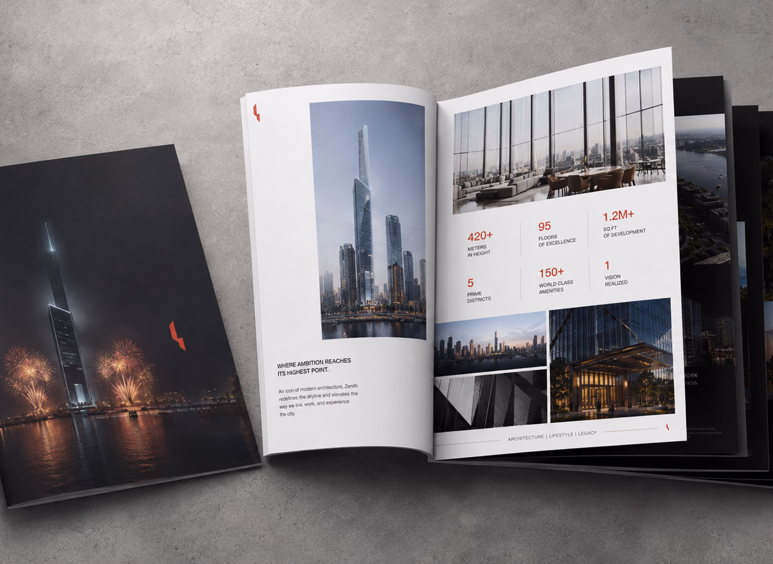Open brochure showing images and details of a modern skyscraper development project.