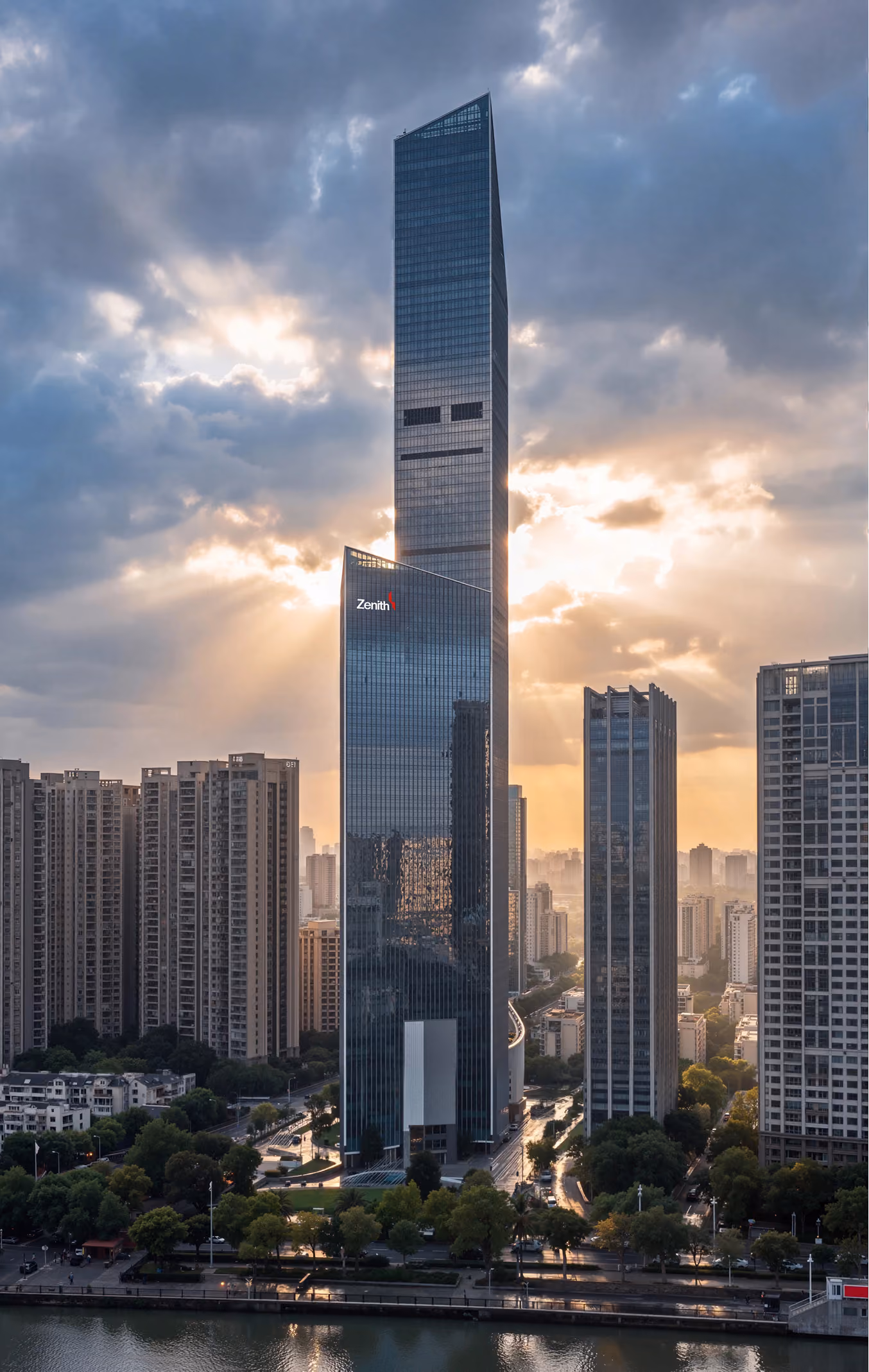 Tall modern skyscraper reflecting sunlight with surrounding buildings and river in foreground at sunset.