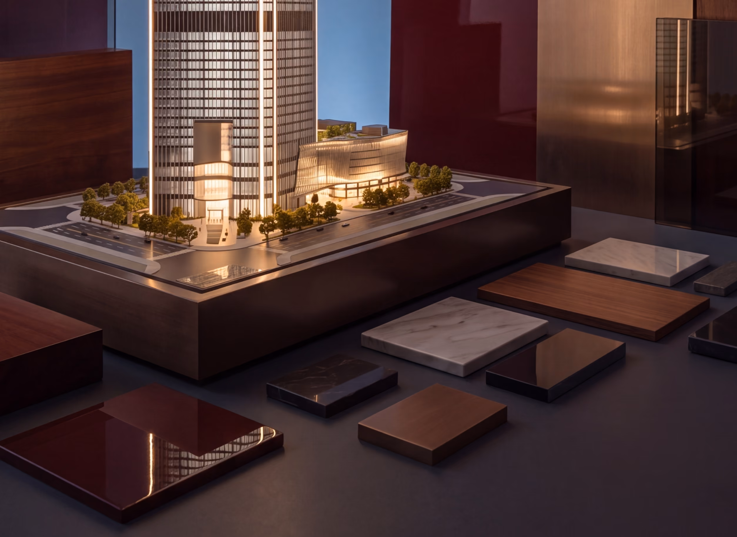 Illuminated architectural model of modern buildings with trees and surrounding road display samples nearby.