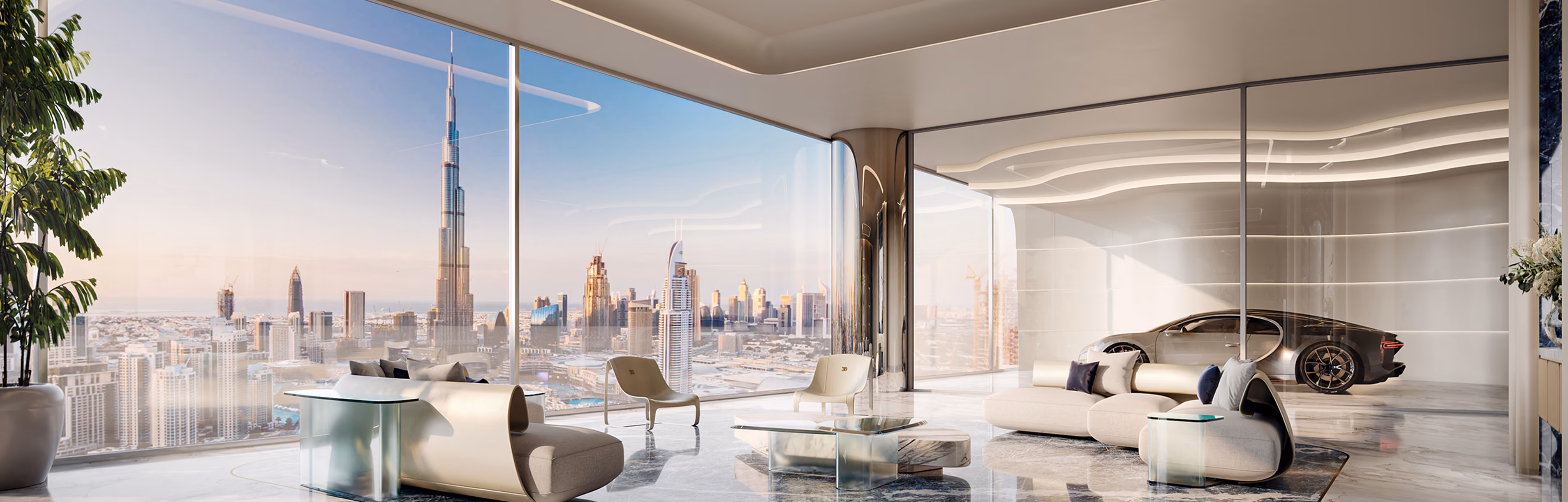 Modern living room with glass walls overlooking city skyline including Burj Khalifa, luxury car in adjacent room.