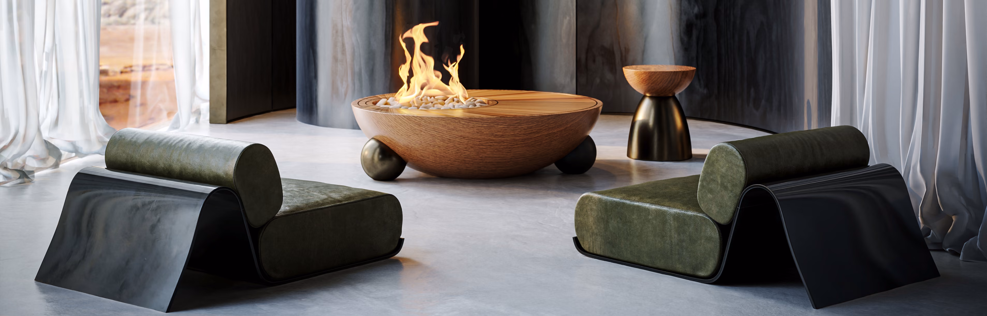 Modern room with two green and black lounge chairs facing a round wood fire pit with flames.