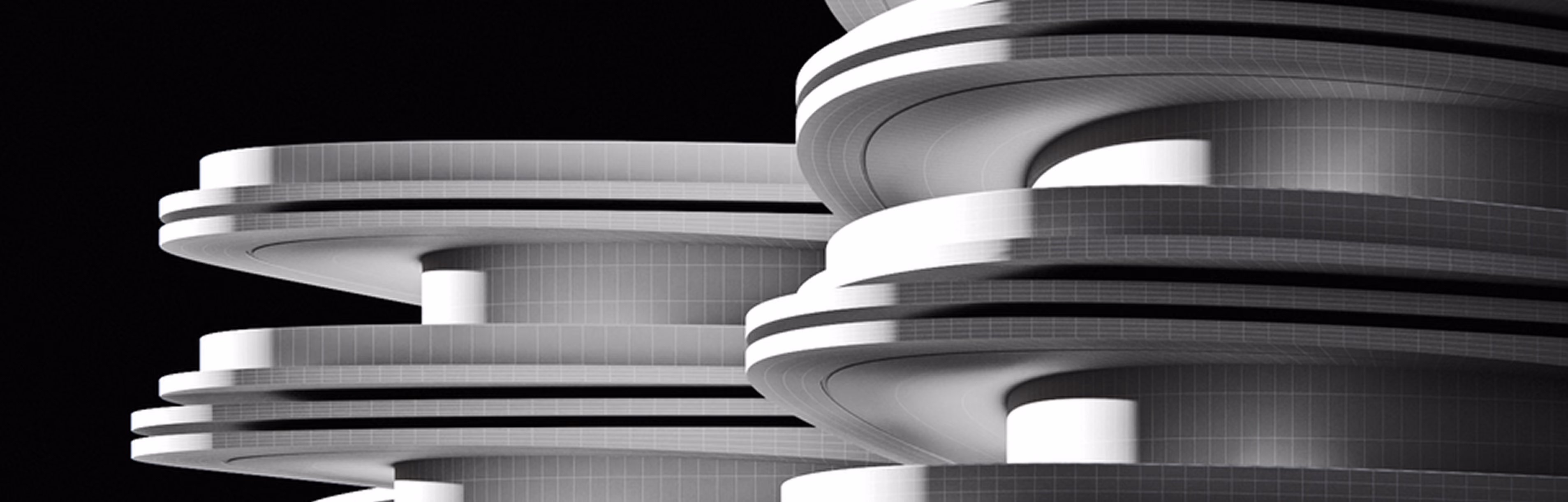 Close-up of futuristic white circular architectural structures with layered curved platforms on black background.