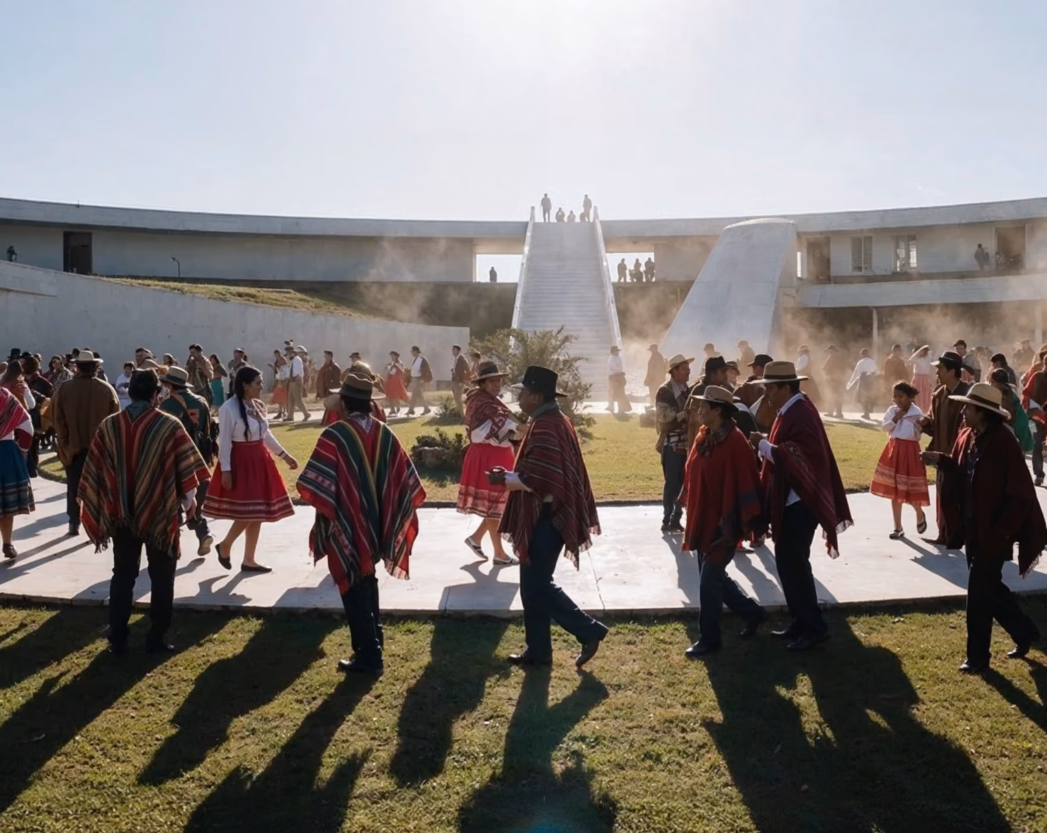 Group of people dressed in traditional attire, including colorful ponchos and hats, walking and socializing in an open courtyard with white stairs and a building in the background under bright sunlight.