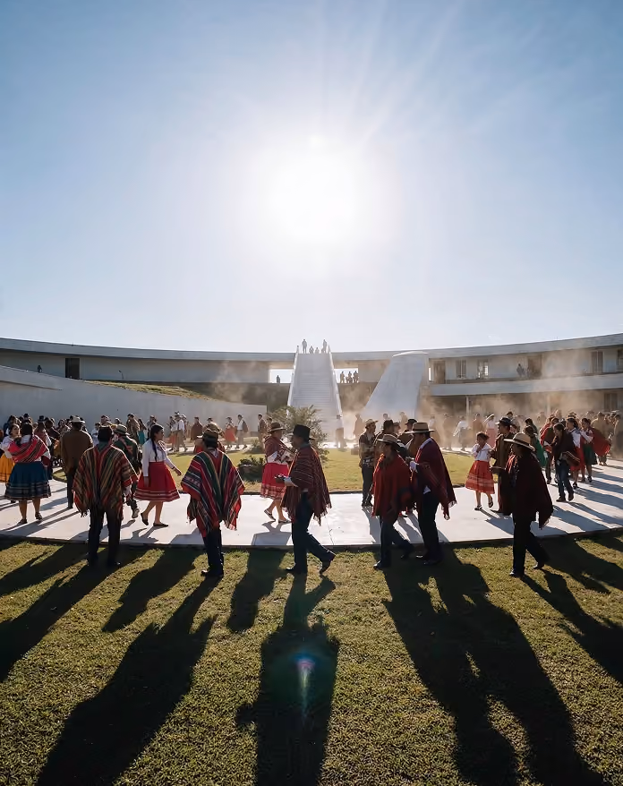 People dressed in traditional colorful clothing walk and gather in a circular outdoor space with modern white buildings and stairs in the background under a bright sun.