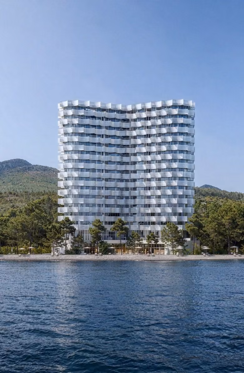 High-rise beachfront building with a wavy glass façade against a clear blue sky, created through professional 3D exterior rendering services.