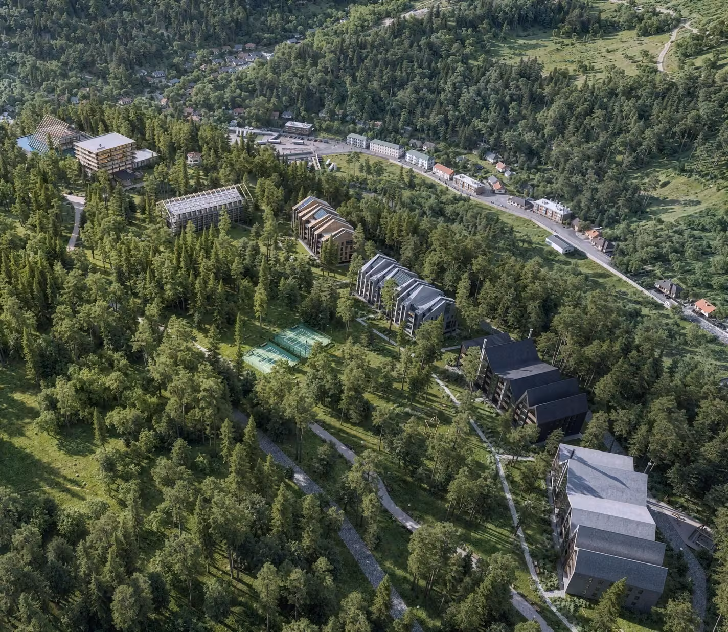 Rust-toned modern building over a small dam in a forested area, designed using detailed 3D exterior rendering services.
