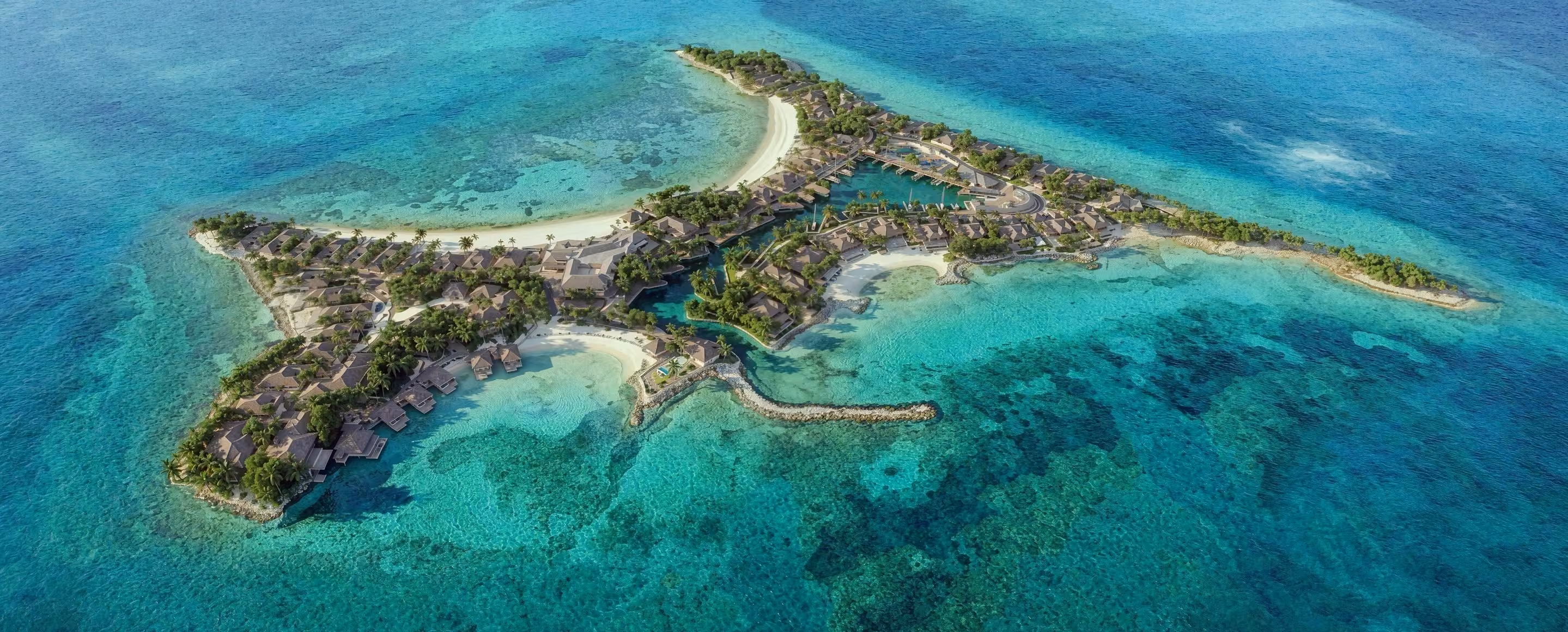 Aerial view of a luxury tropical island resort surrounded by turquoise ocean waters and white sandy beaches — rendered with 3D exterior visualization services.