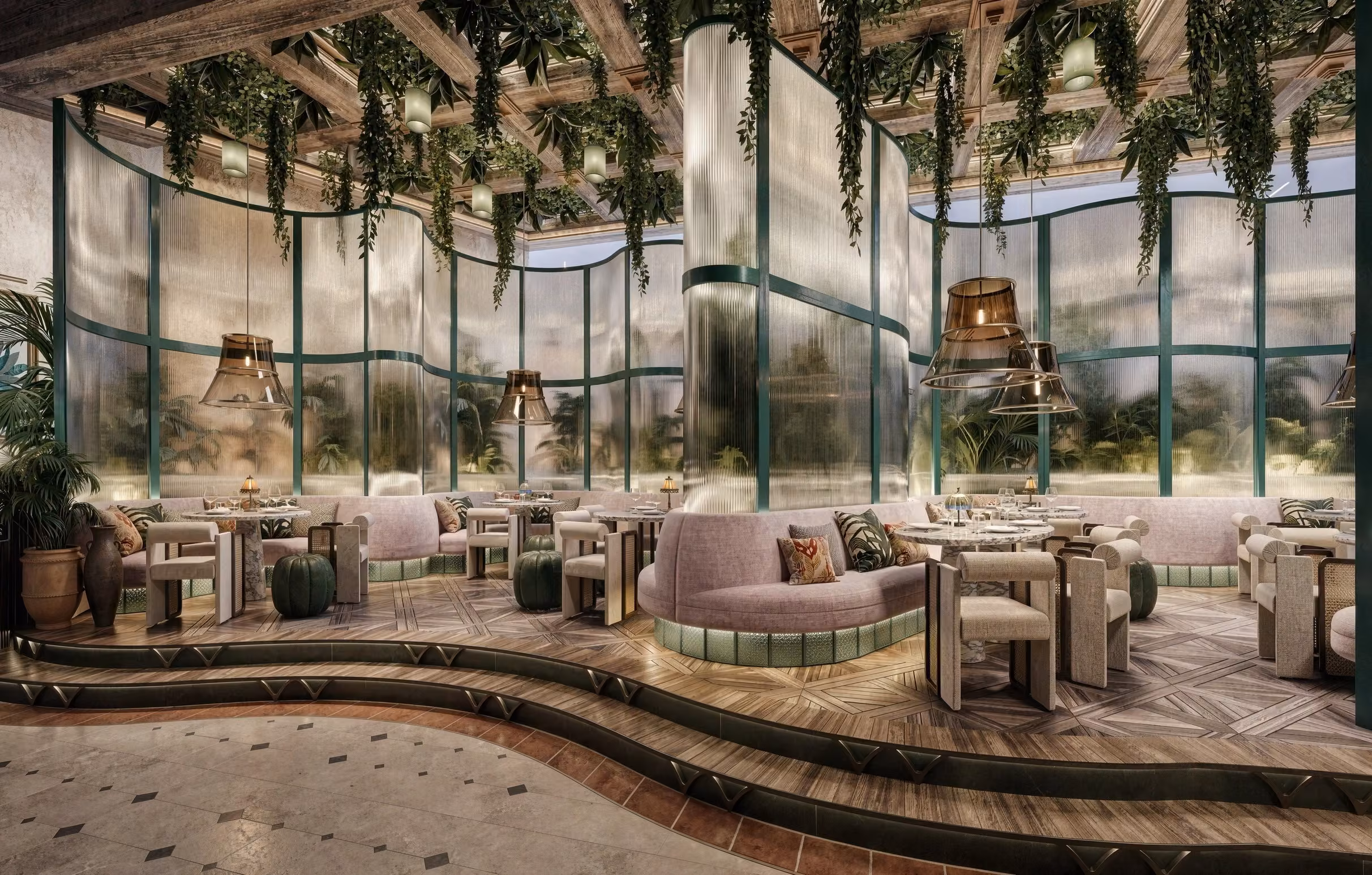 A luxurious 3D rendering of a penthouse living area with marble floors, a modern car in a mini indoor garage, and panoramic views of Dubai skyline including Burj Khalifa.