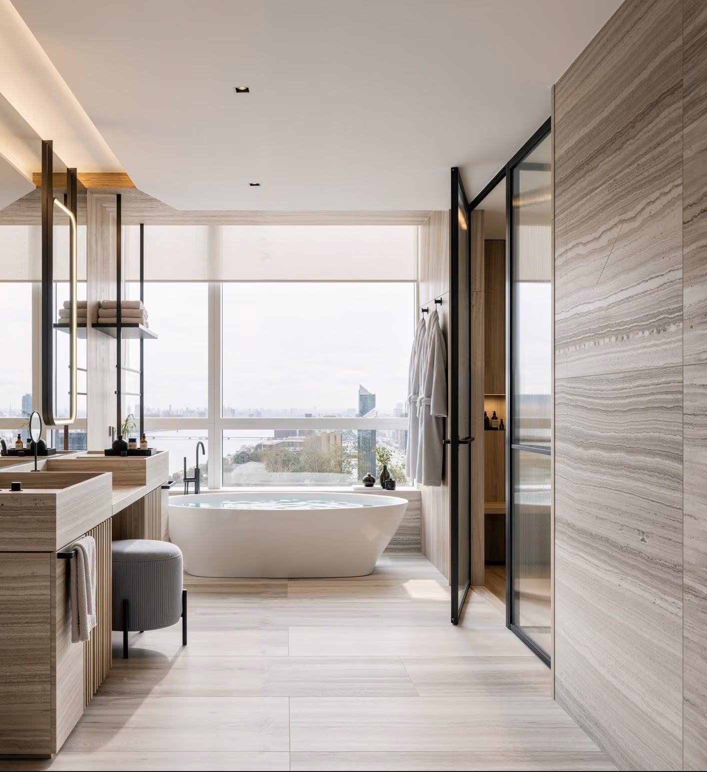 A modern 3D rendering of a living room with a beige sectional sofa, glass coffee table, and a view of Burj Khalifa through floor-to-ceiling windows.