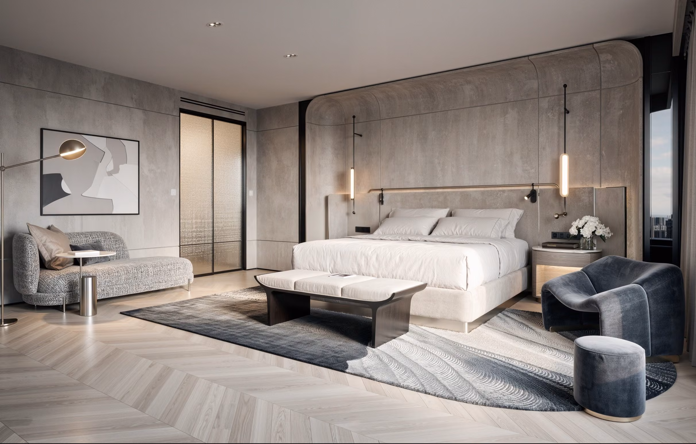 A serene 3D rendering of a modern bedroom featuring two beds with minimalist headboards, wooden paneling, a ceiling fan, and a sea-inspired carpet, with sunlight streaming through floor-to-ceiling windows.