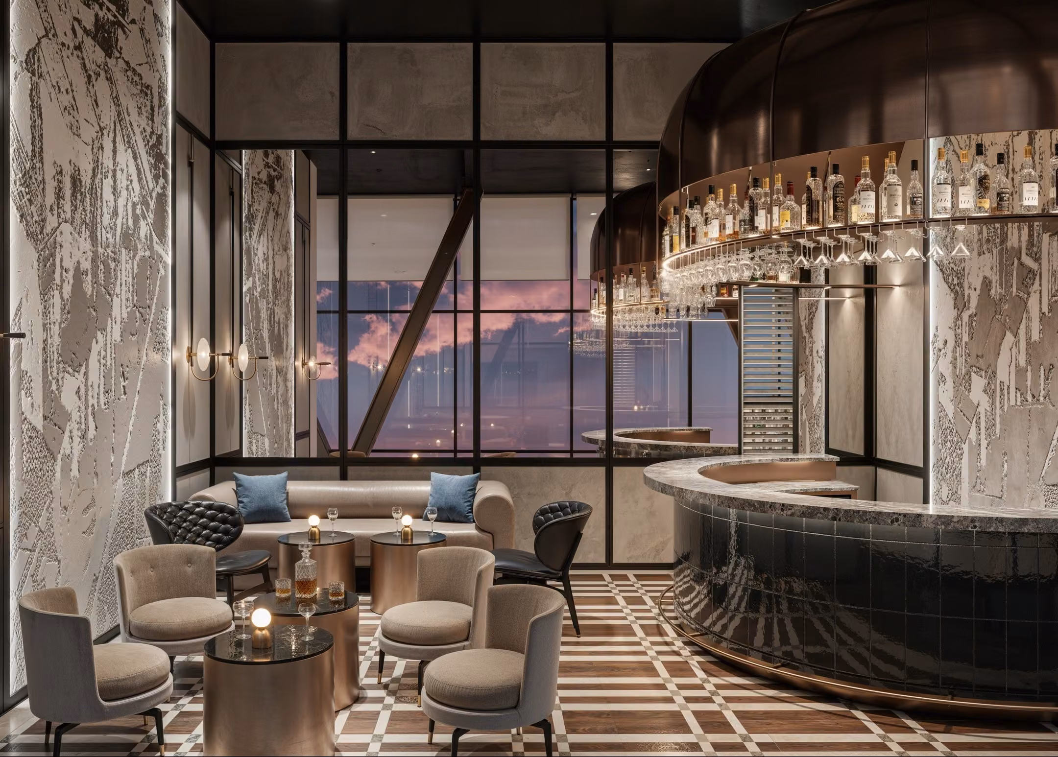 A sleek 3D rendering of a living space featuring marble flooring, contemporary furniture, and a panoramic view of the Burj Khalifa through a glass wall.