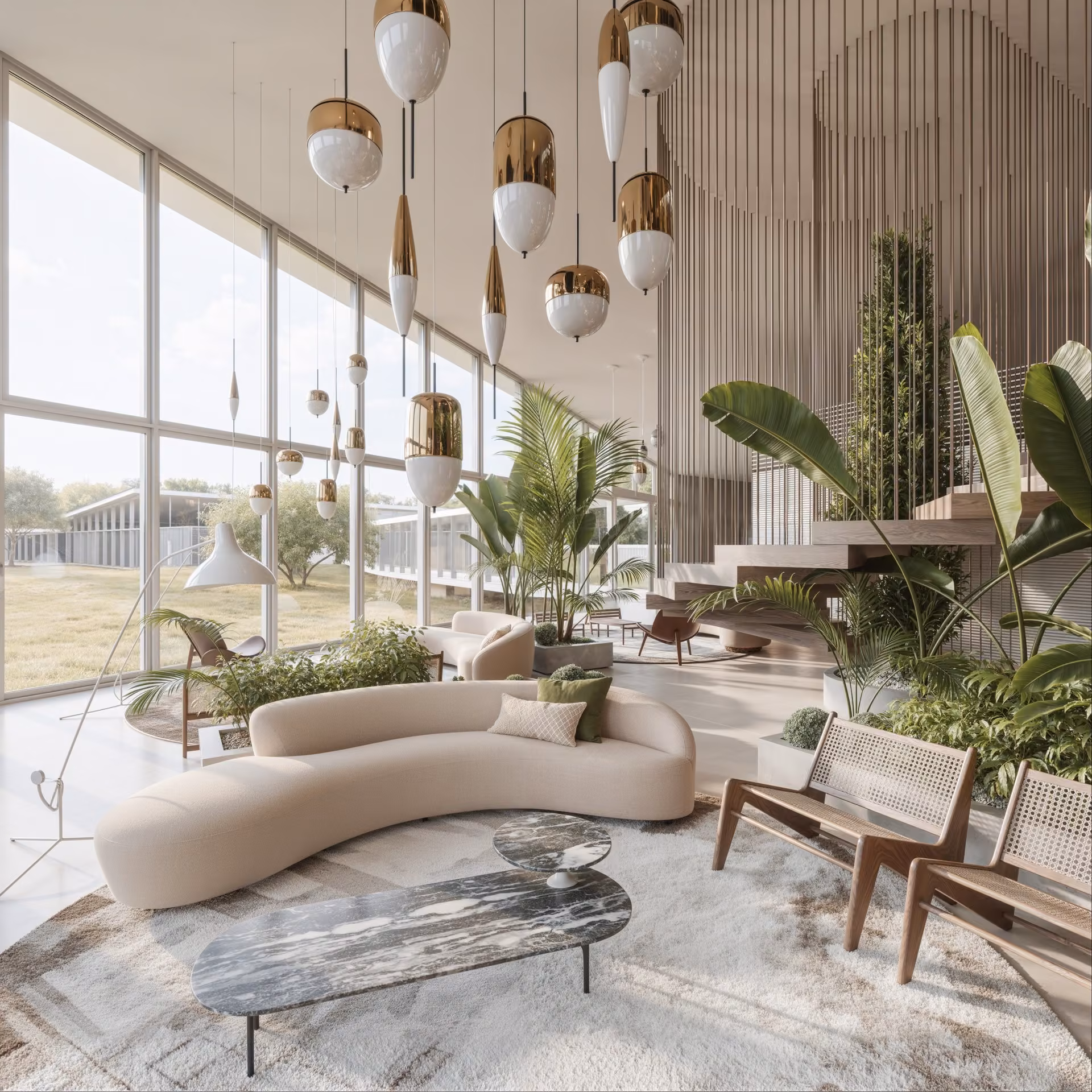 A luxurious 3D rendering of a penthouse living area with marble floors, a modern car in a mini indoor garage, and panoramic views of Dubai skyline including Burj Khalifa.
