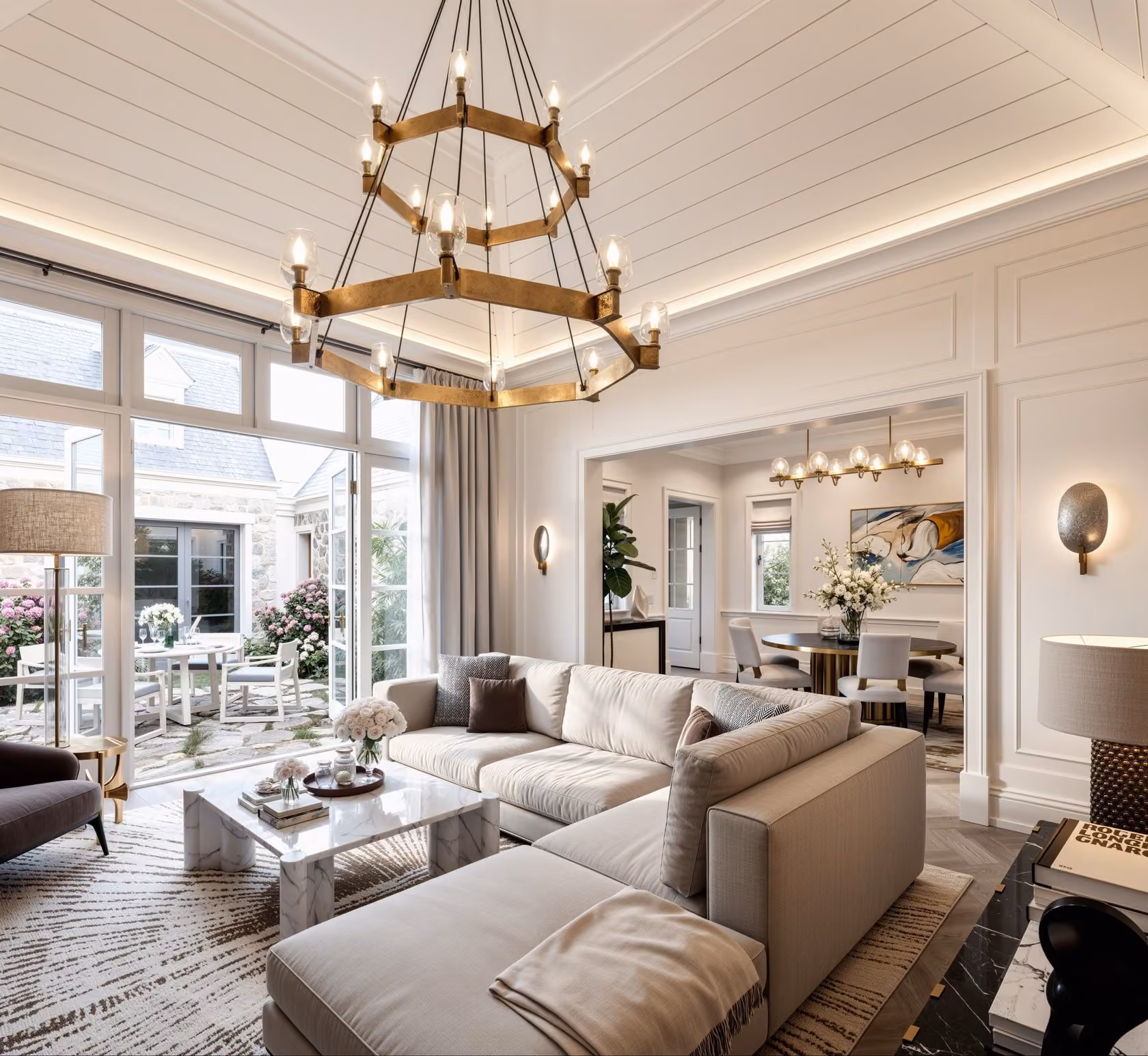 A spacious 3D rendering of a living-dining area with cream sofas, marble finishes, and a pool view surrounded by greenery.