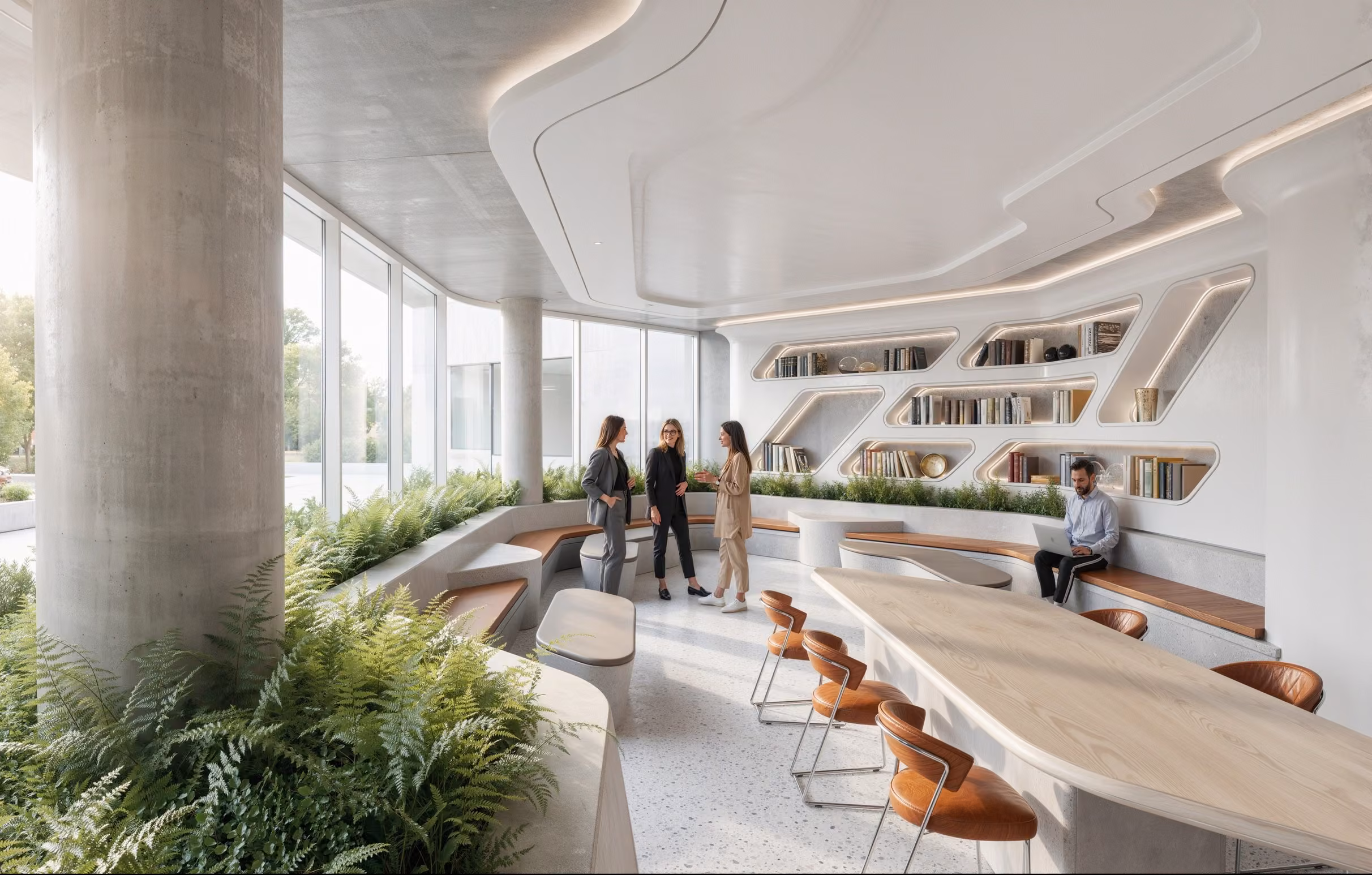 A luxurious 3D rendering of a penthouse living area with marble floors, a modern car in a mini indoor garage, and panoramic views of Dubai skyline including Burj Khalifa.