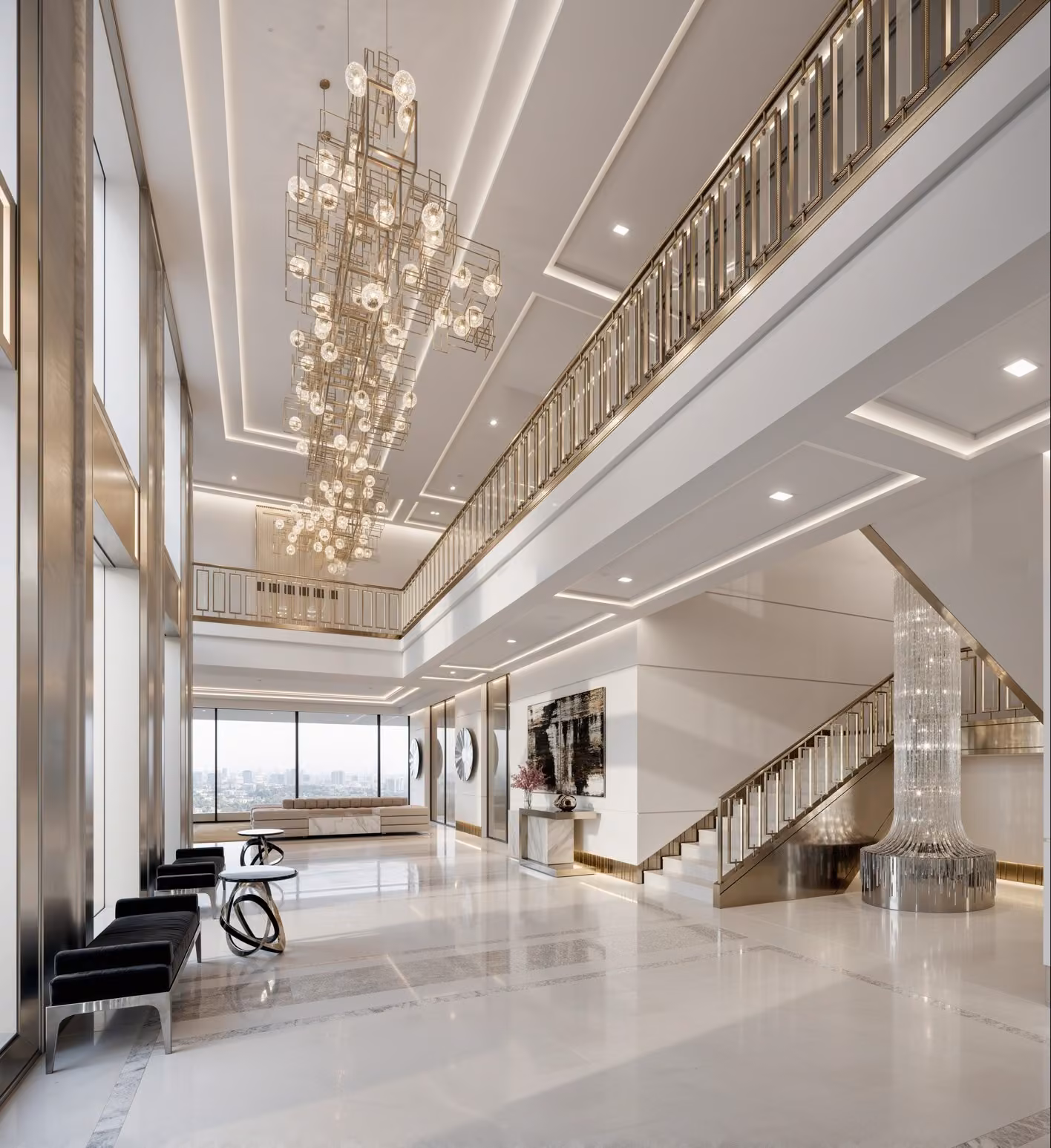 A modern 3D rendering of a bedroom with blue accents, marble floors, mirrored wall panels, and large windows overlooking the city.
