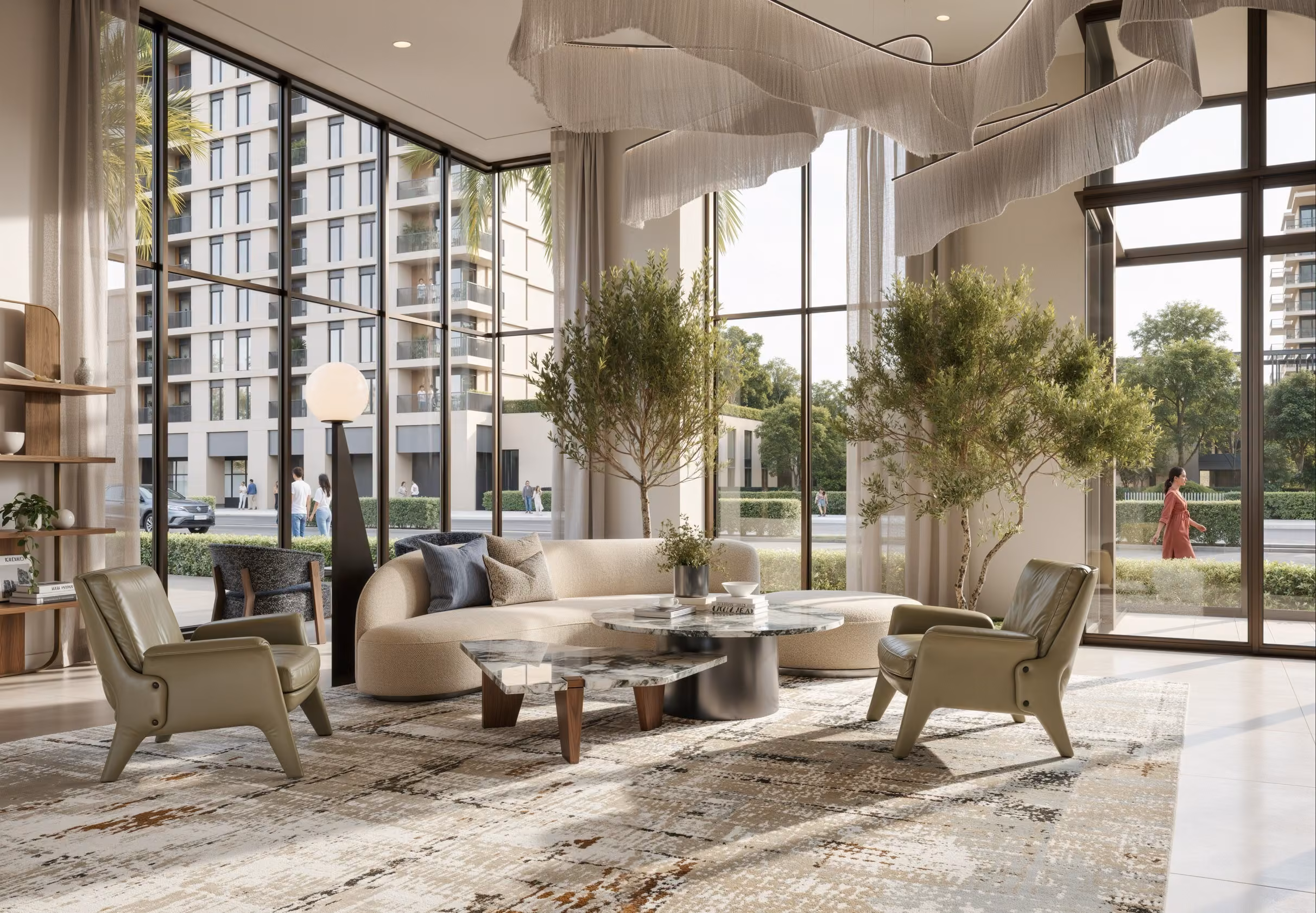 A luxurious 3D rendering of a penthouse living area with marble floors, a modern car in a mini indoor garage, and panoramic views of Dubai skyline including Burj Khalifa.