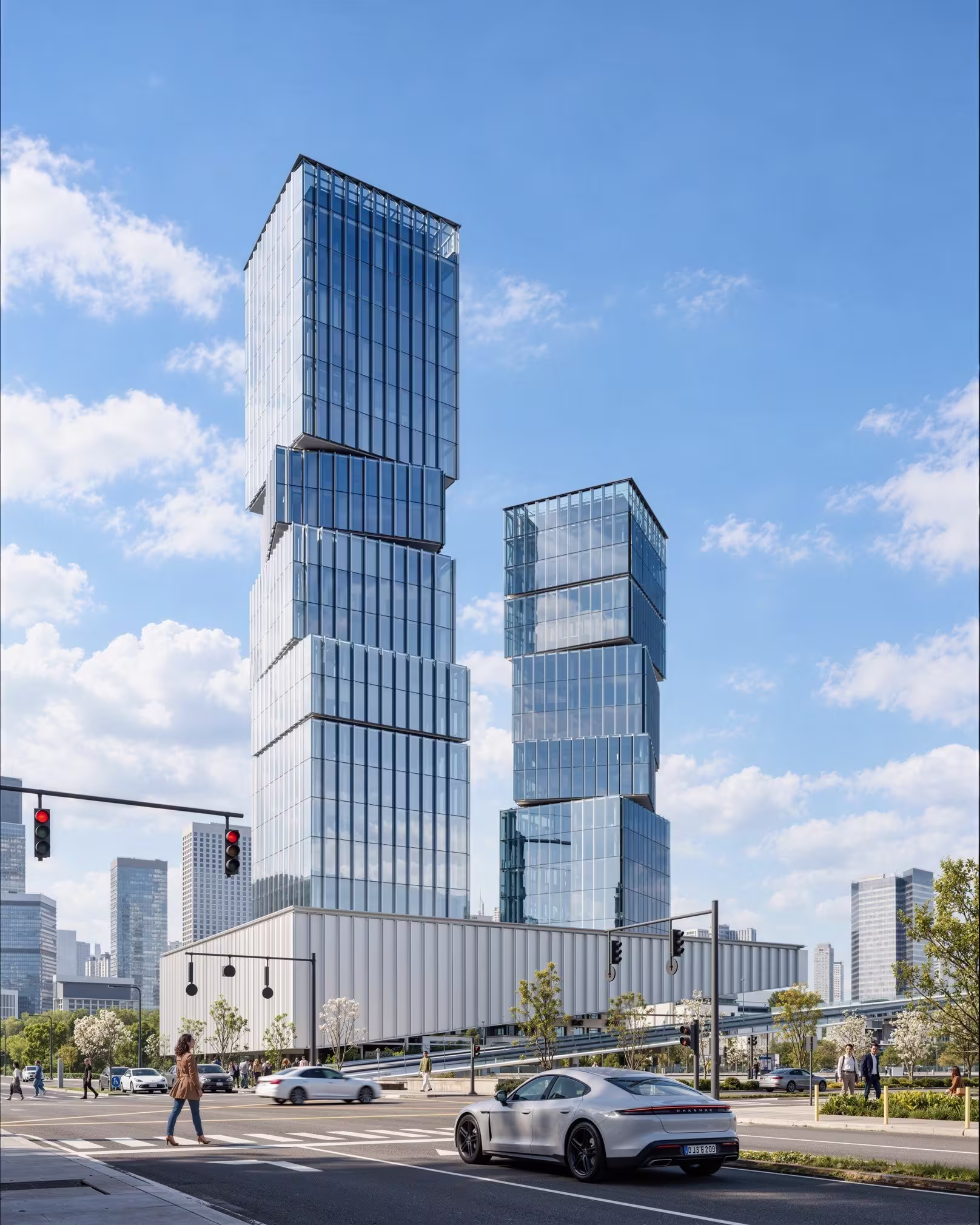 A commercial architectural 3D rendering showcasing the symmetrical front view of a contemporary building with a structured grid design, large open spaces, and vibrant urban landscaping.