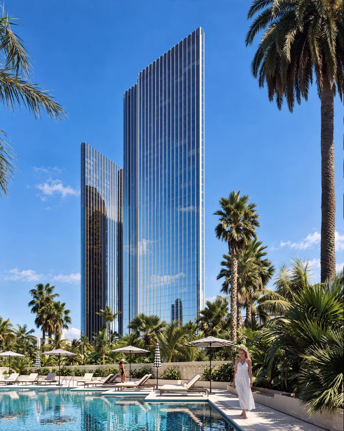 A commercial architectural 3D rendering showcasing the symmetrical front view of a contemporary building with a structured grid design, large open spaces, and vibrant urban landscaping.