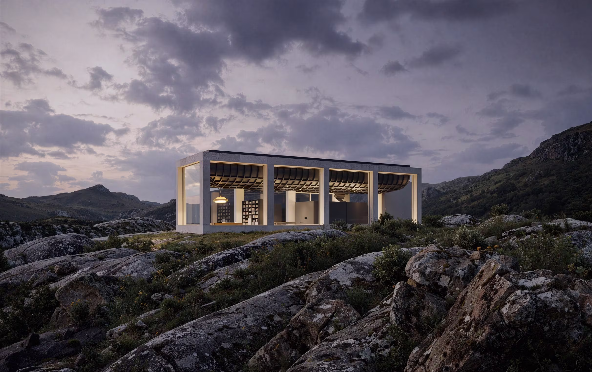 A 3D house rendering of an open-concept concrete and glass house in a rocky mountain setting, with an illuminated interior and dramatic cloudy skies.
